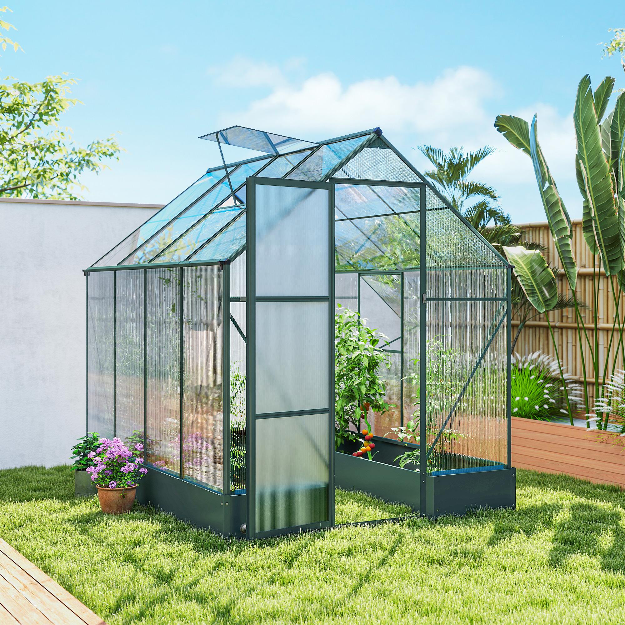 Green Aluminum Walk-In Greenhouse with Raised Beds