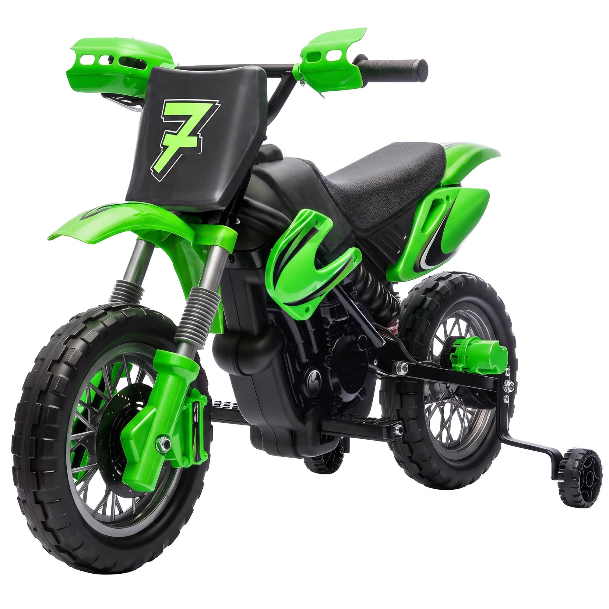 Green 12V Training Wheel Motorcycle with Rear Suspension