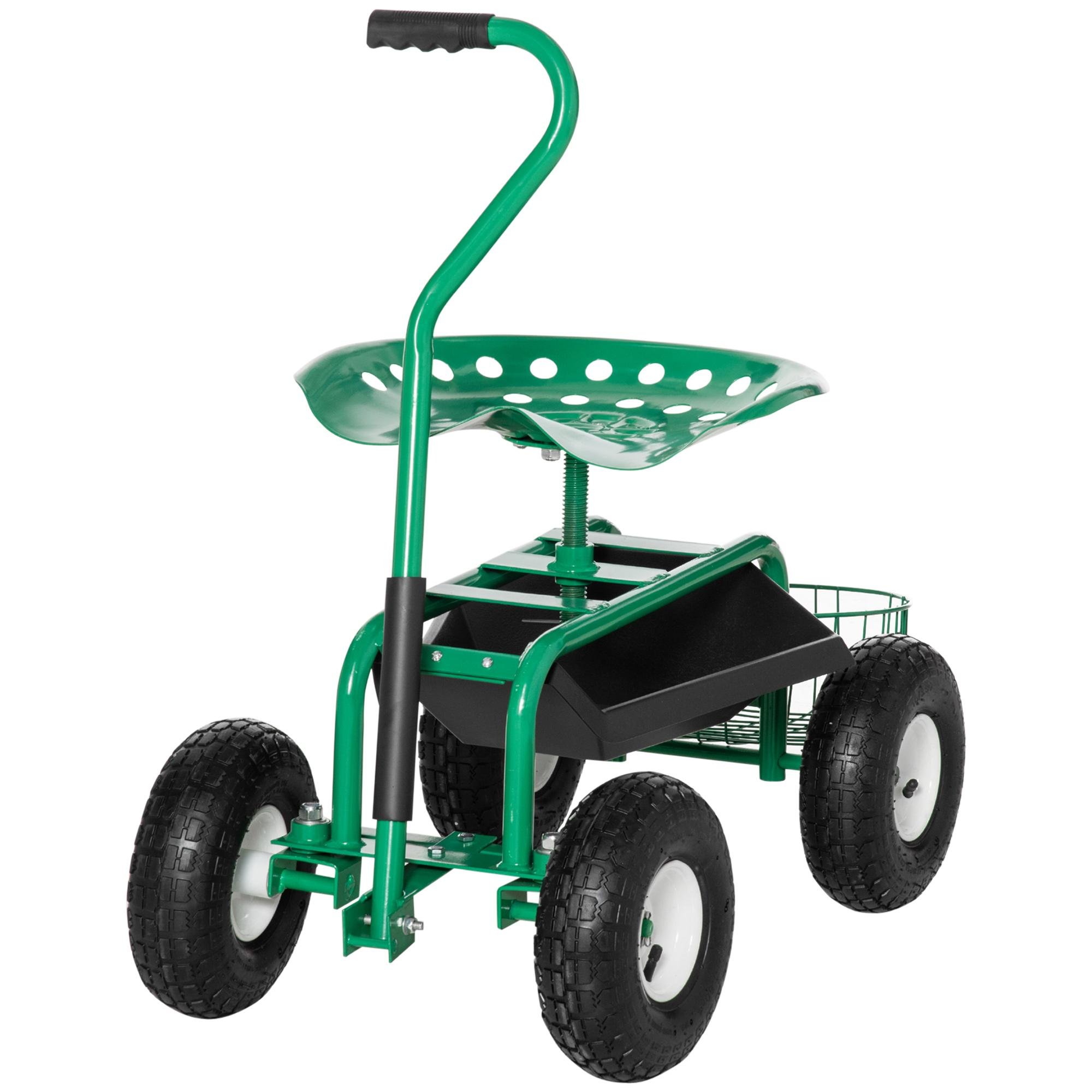 Green Metal Garden Scooter with Adjustable Swivel Seat