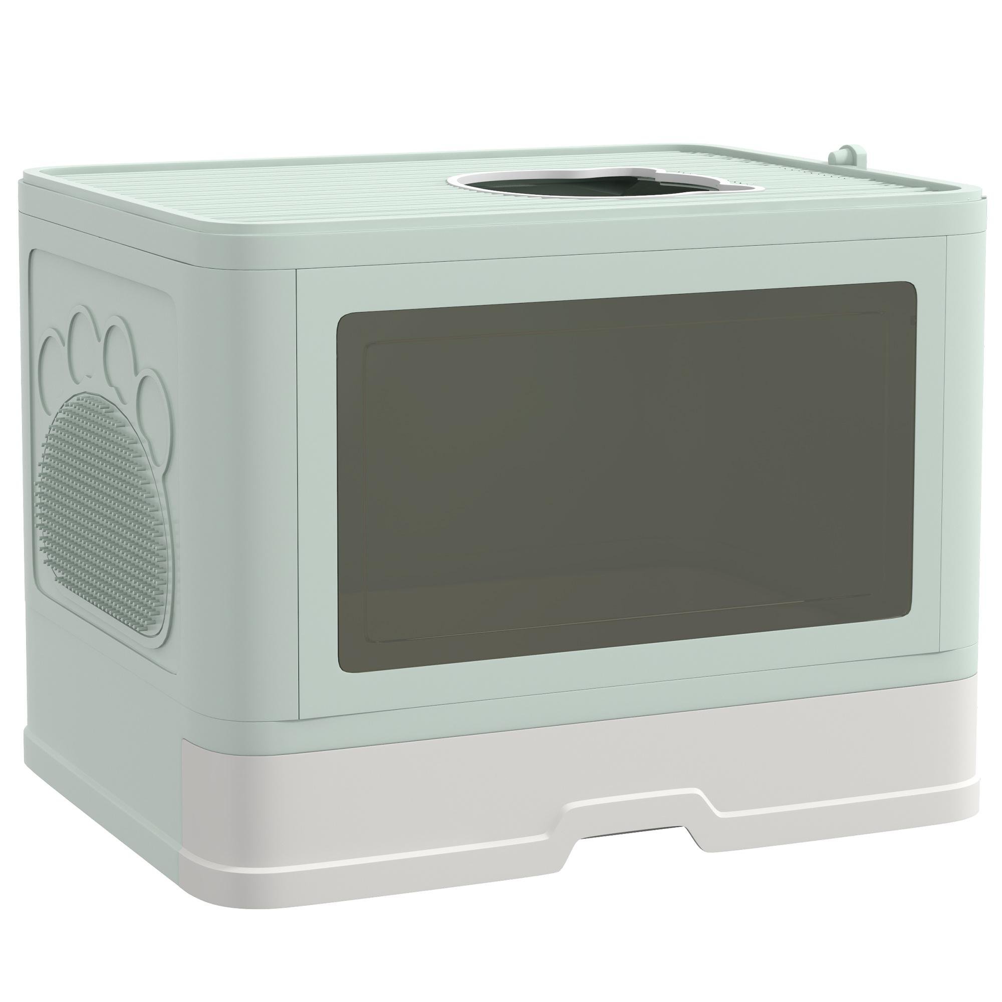 Green polypropylene cat litter box with pull-out tray