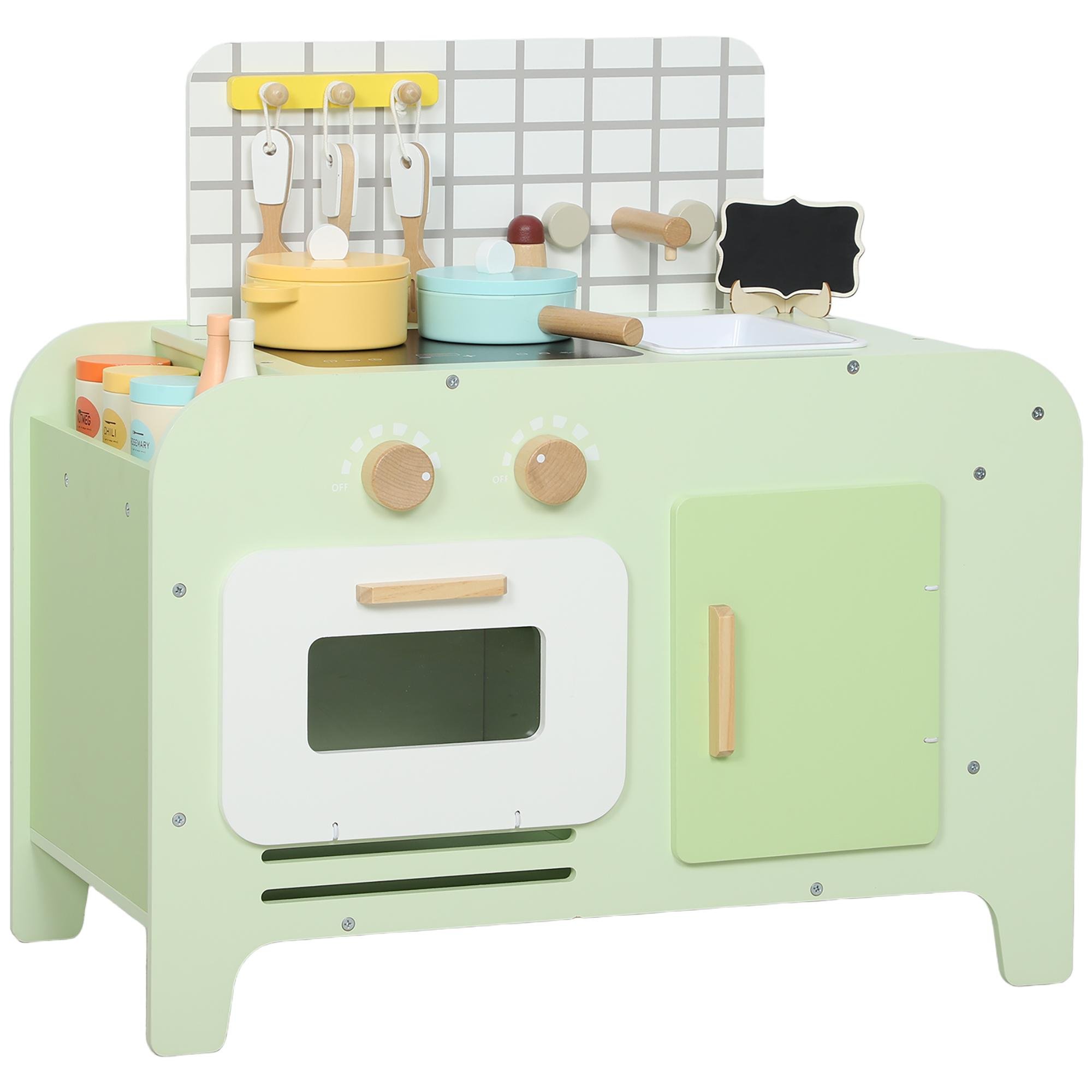 Green MDF Play Kitchen with 15 Accessories
