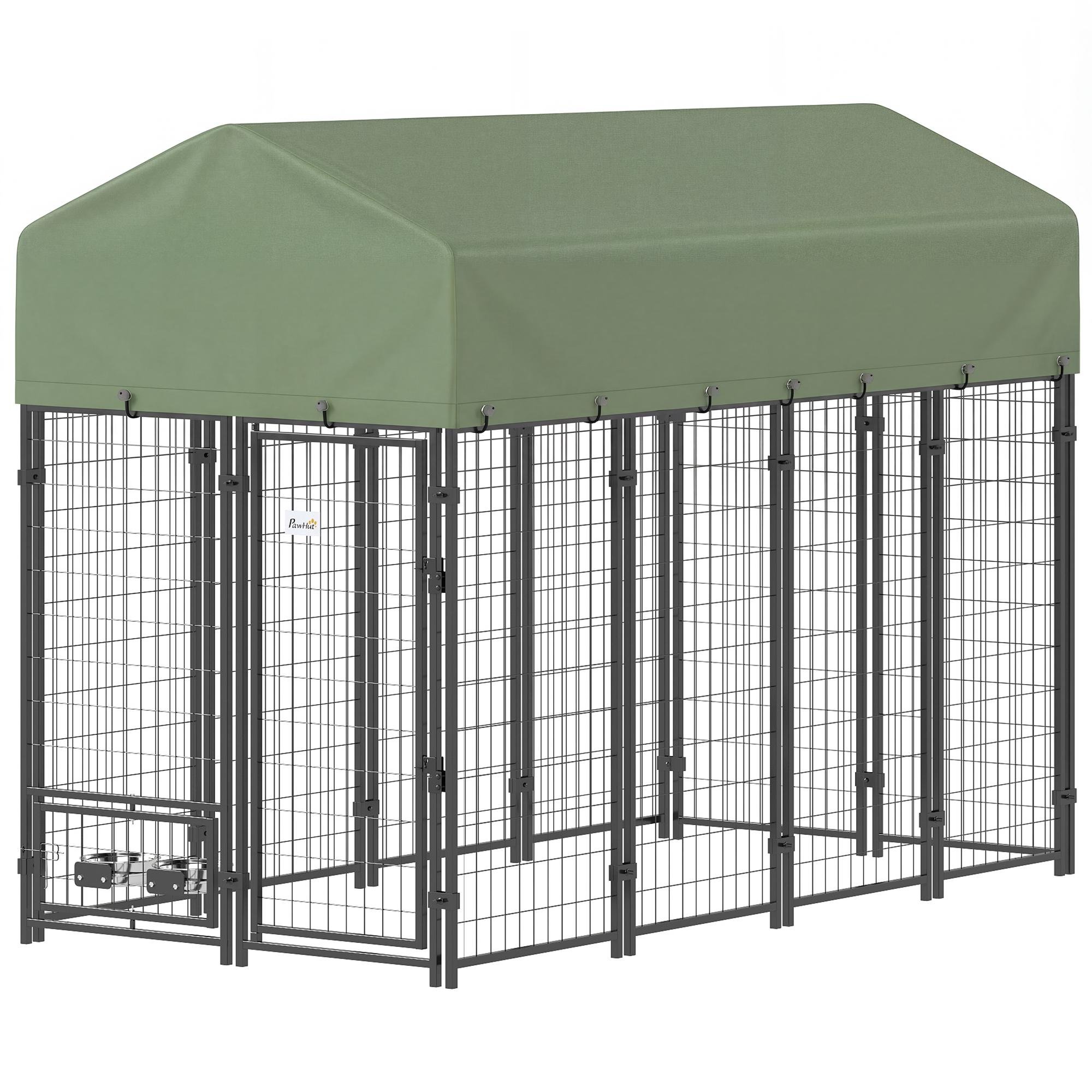 Green Covered Dog Kennel with Rotating Bowls