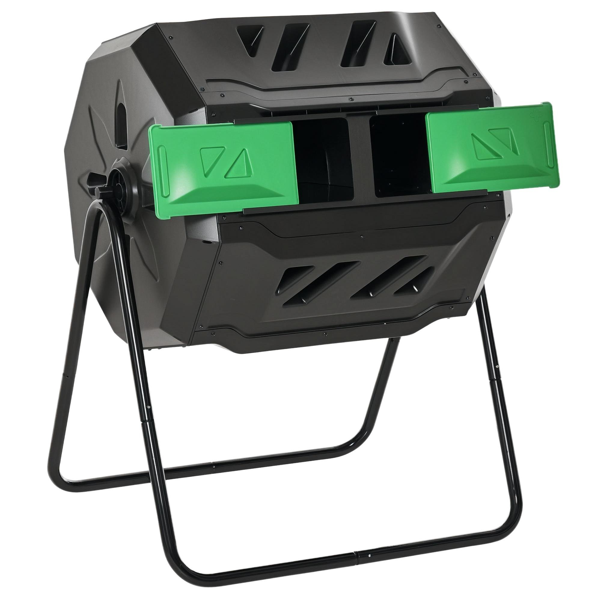 Green 43 gallon composter with dual chambers and 360° tumbling