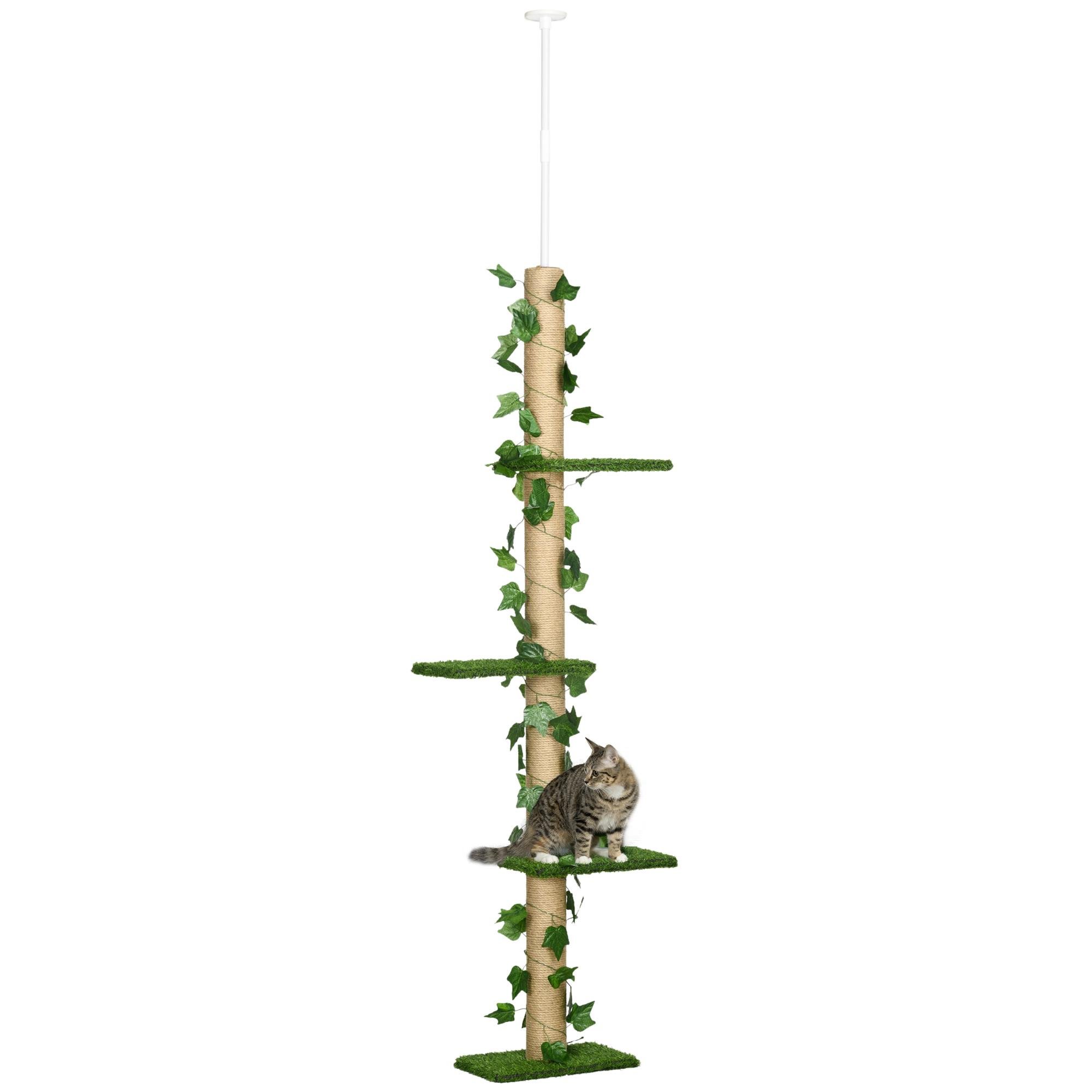 Green Artificial Leaf Cat Tree, Adjustable Floor-to-Ceiling