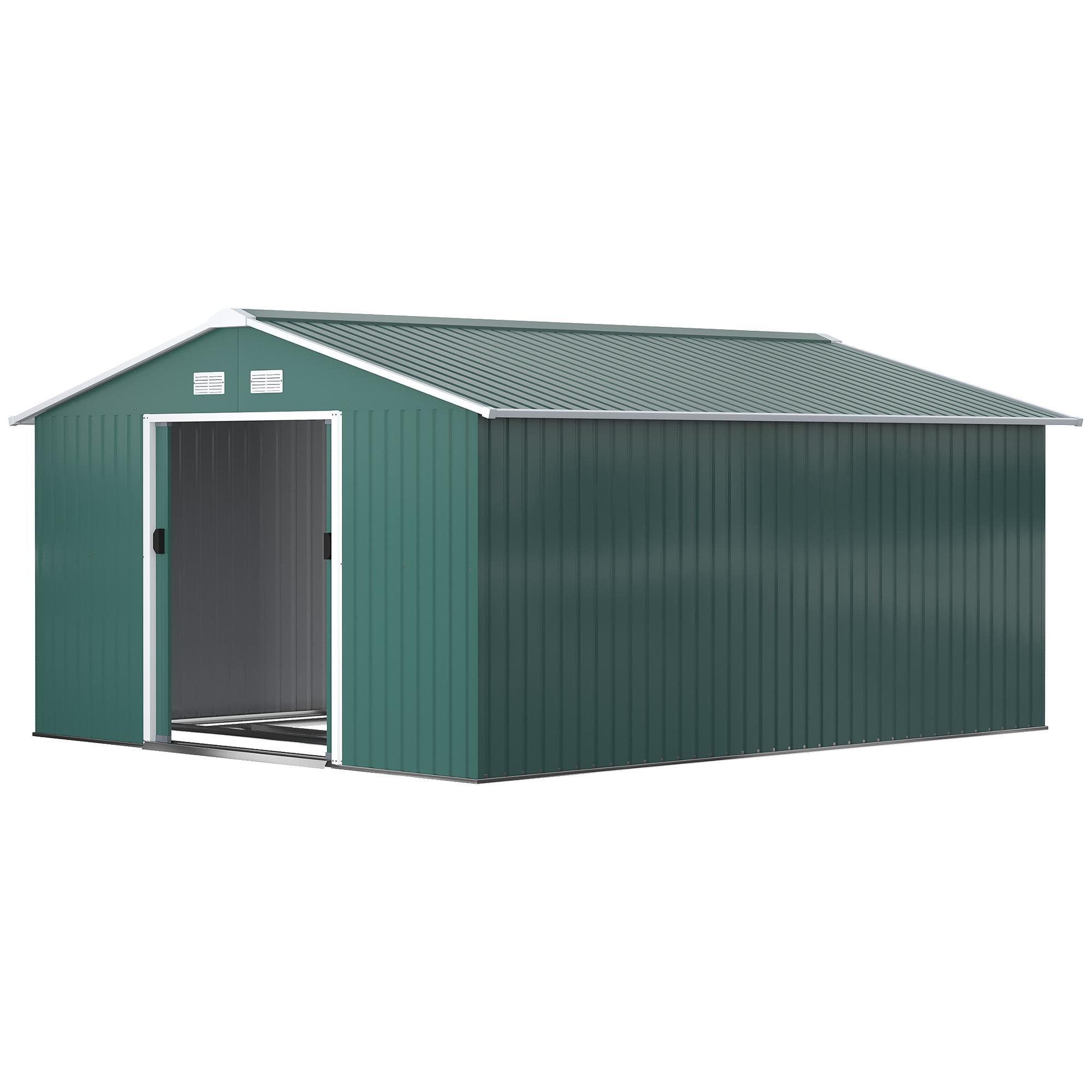 Green 11x13 Galvanized Steel Shed with Double Sliding Doors