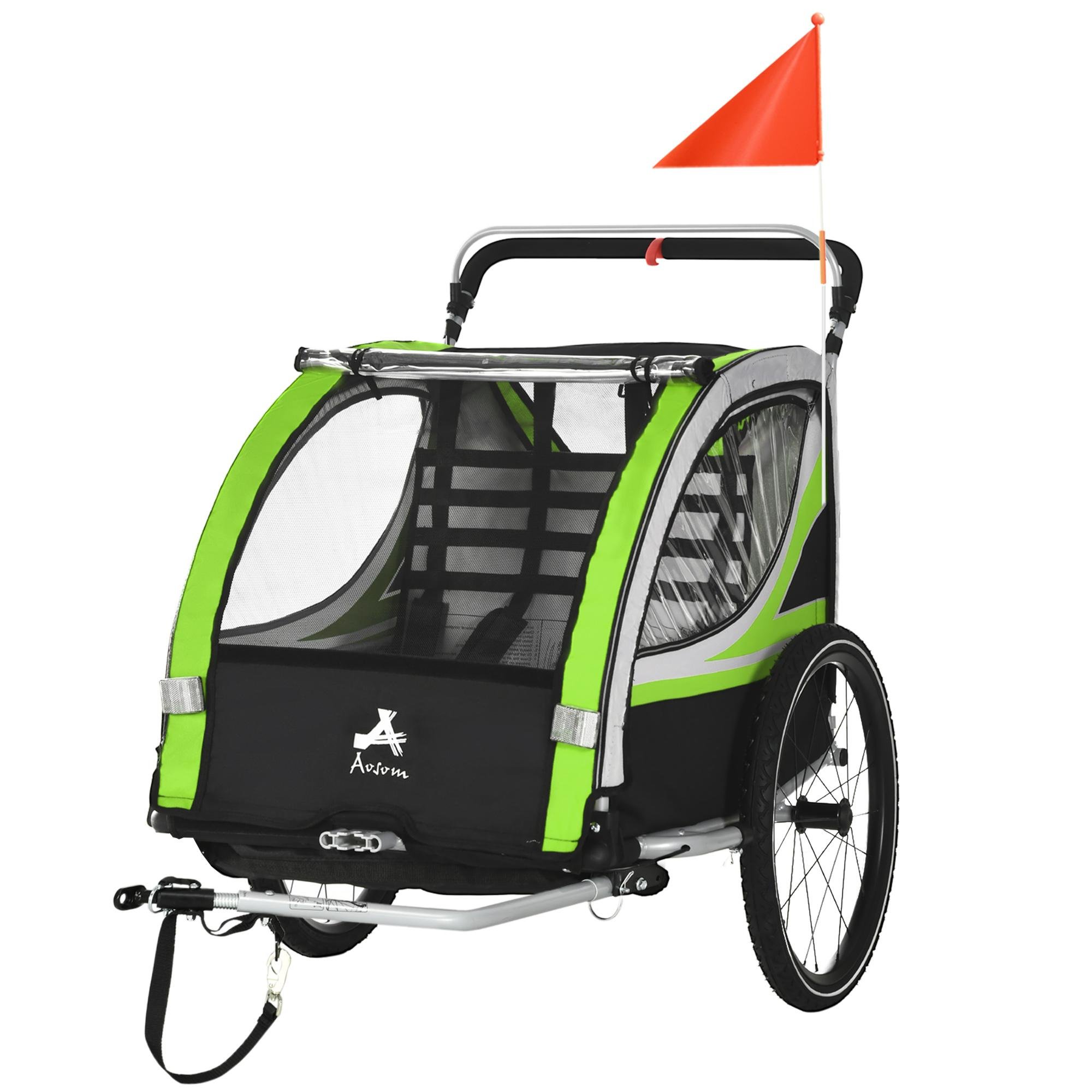 Green 3-in-1 Kids Bike Trailer for Two