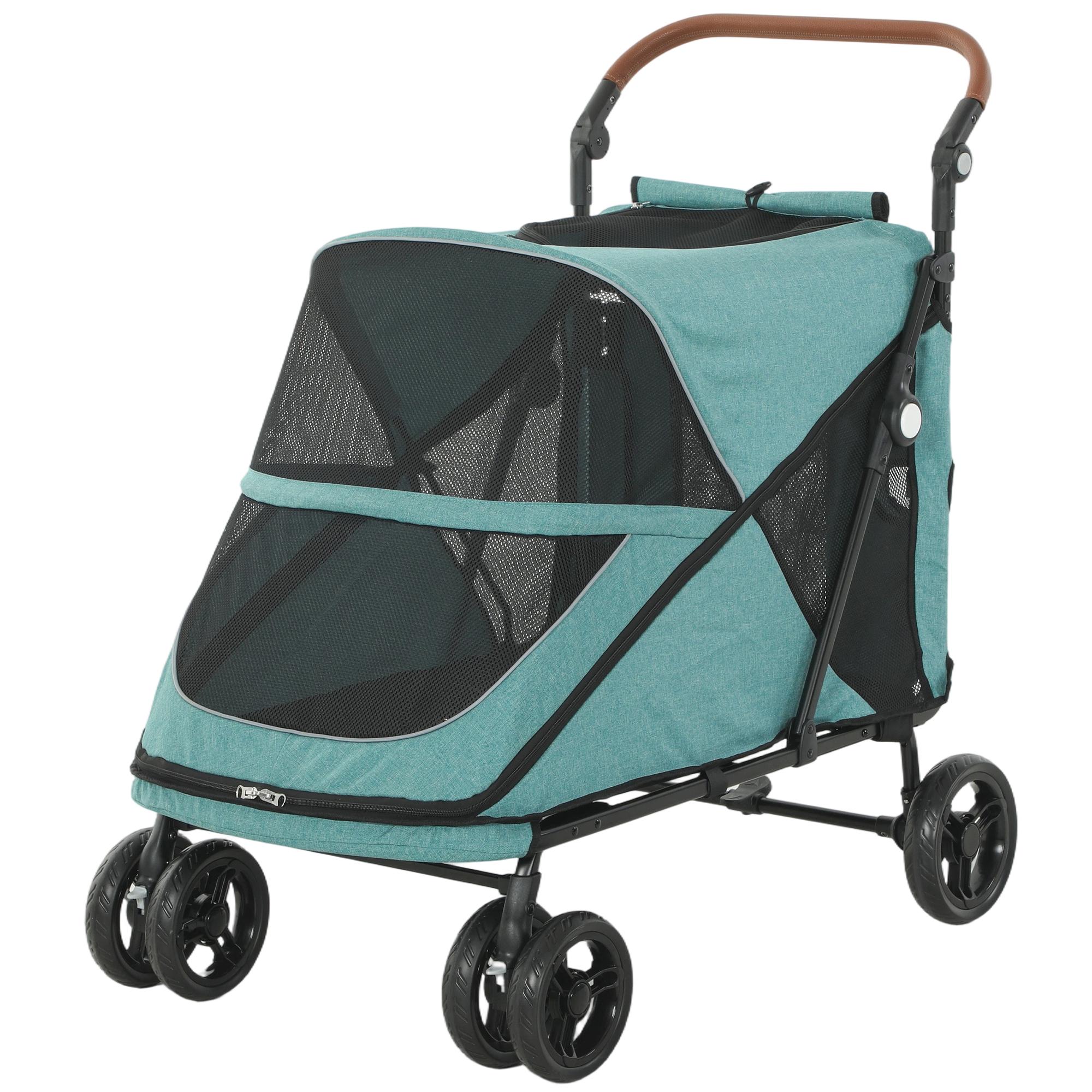 green large dog stroller with all-wheel suspension