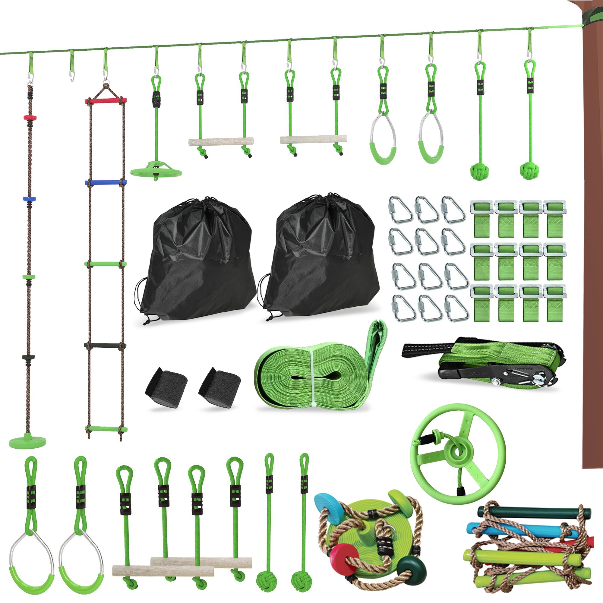 Green Kids Obstacle Course with 10-Piece Slackline Kit