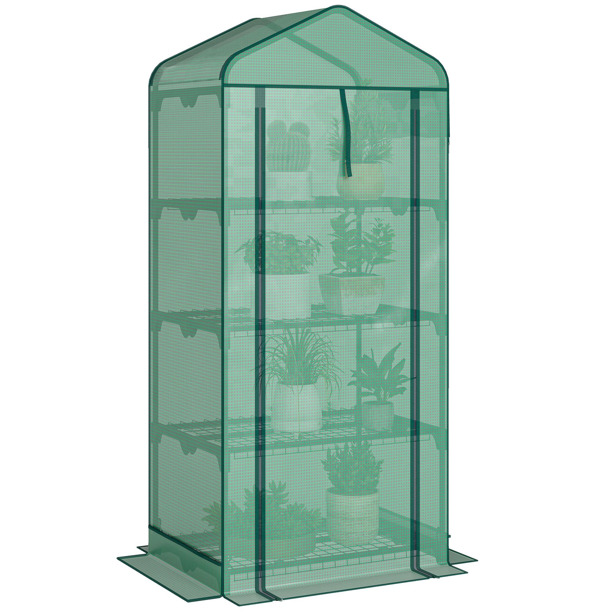 Green Four Tier Greenhouse with Mesh Roof