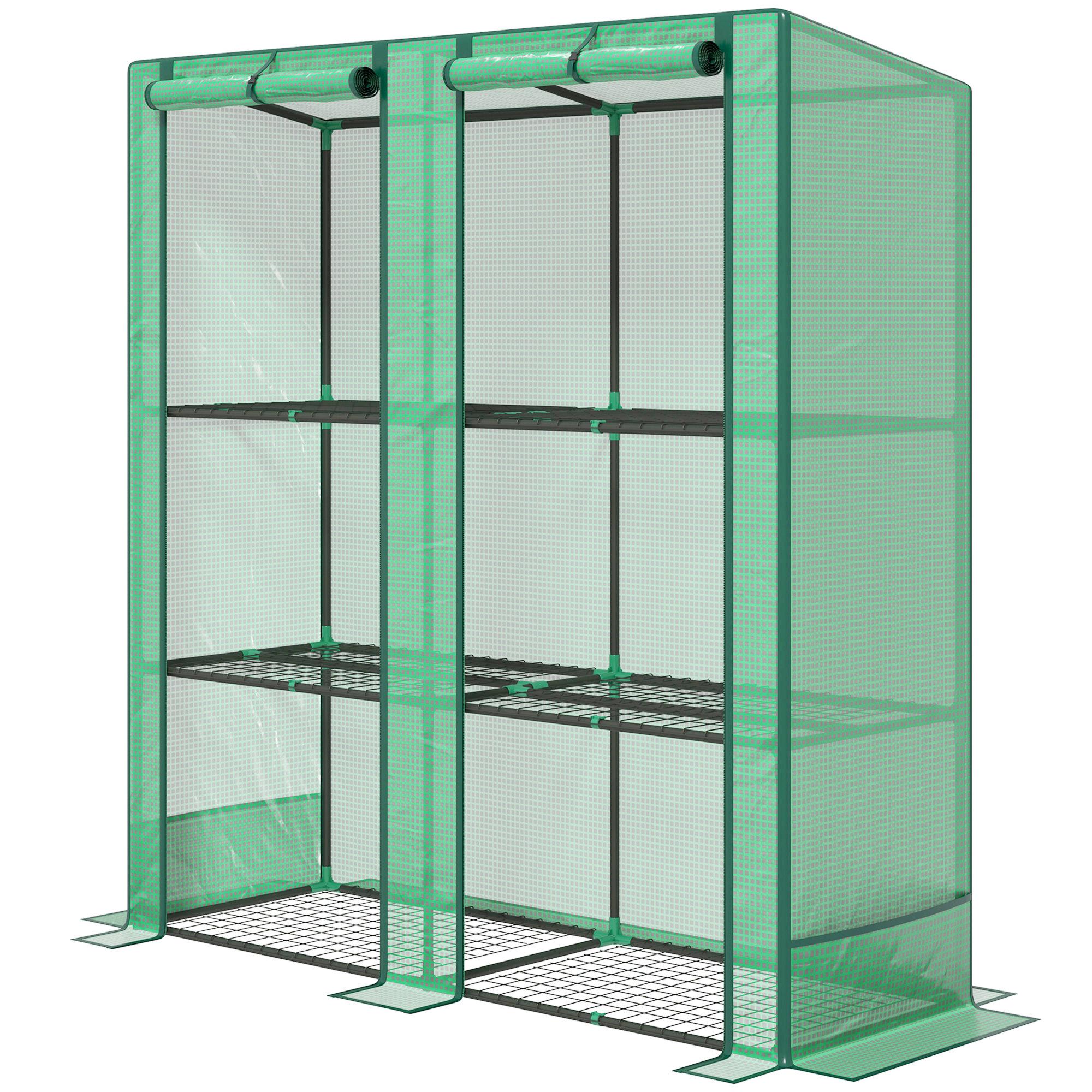 Green Three-Tier Lean-To Greenhouse with Roll-Up Doors