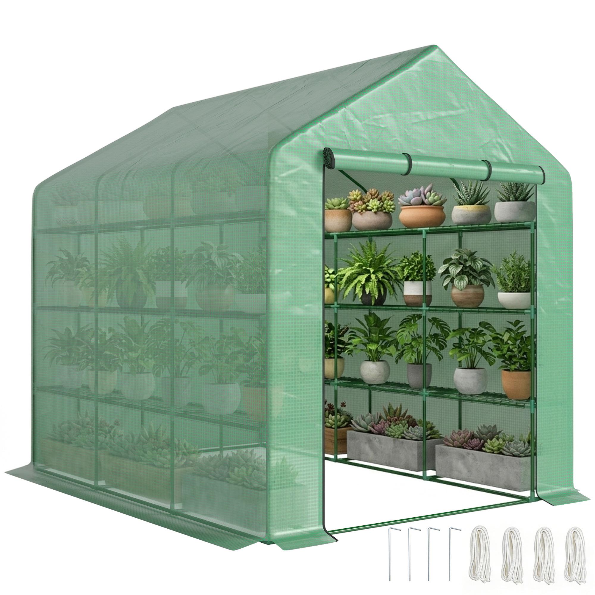 Green 18-Shelf Greenhouse with Walk-In Design