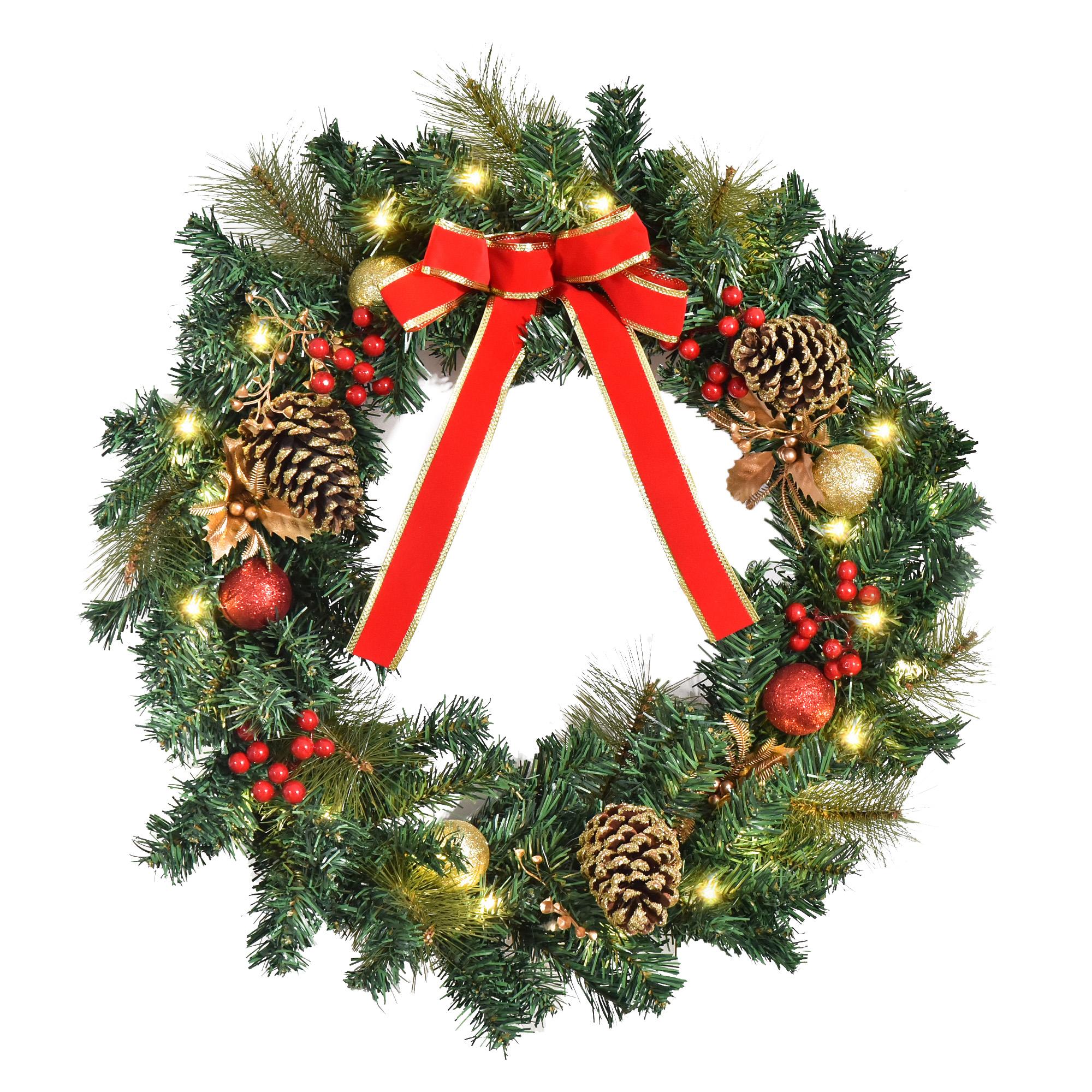24 Inch Pre-Lit Wreath with Red and Gold Accents