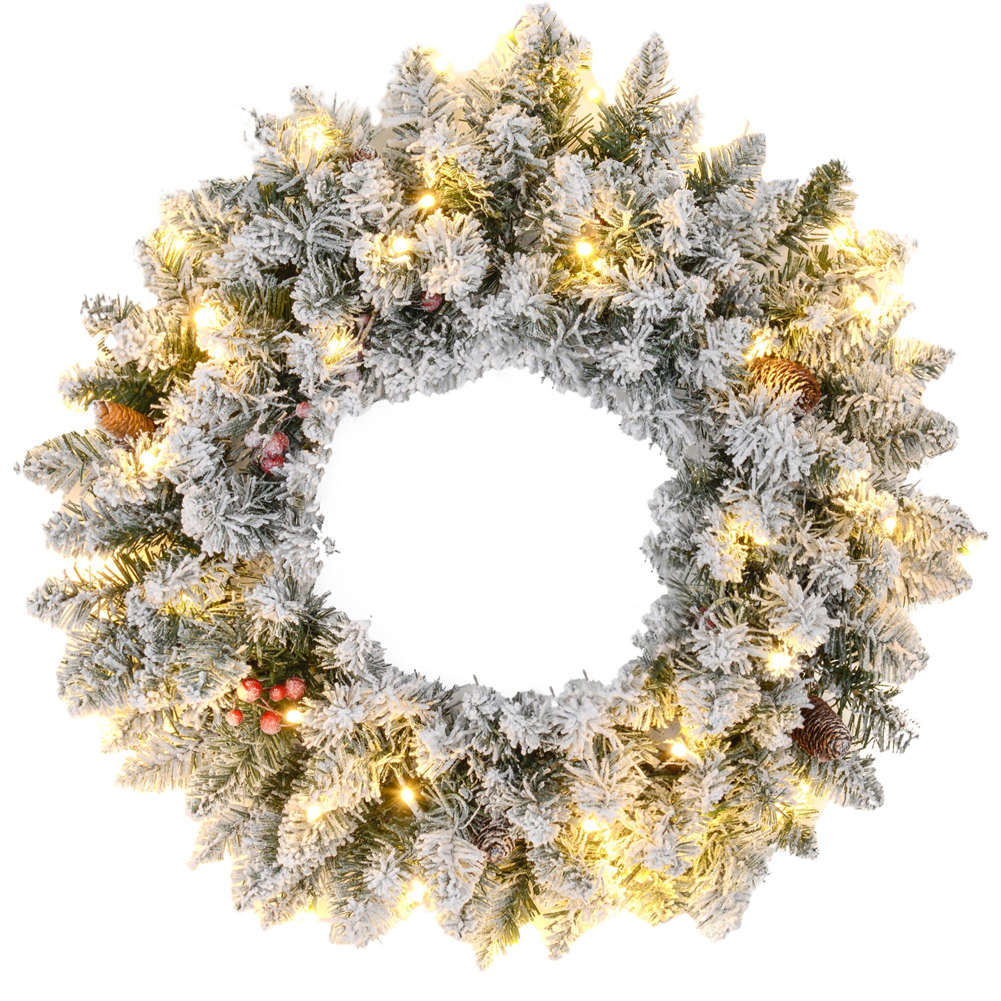23.6 Inch Flocked Wreath with Warm White Lights