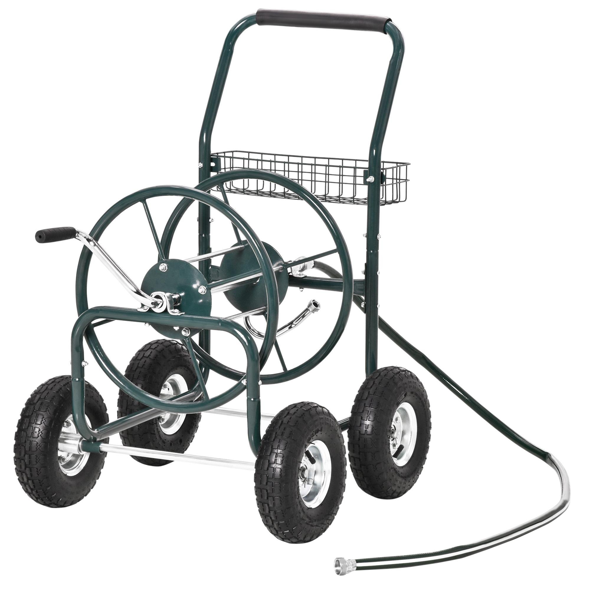 Green Steel Hose Reel Cart with Four Wheels