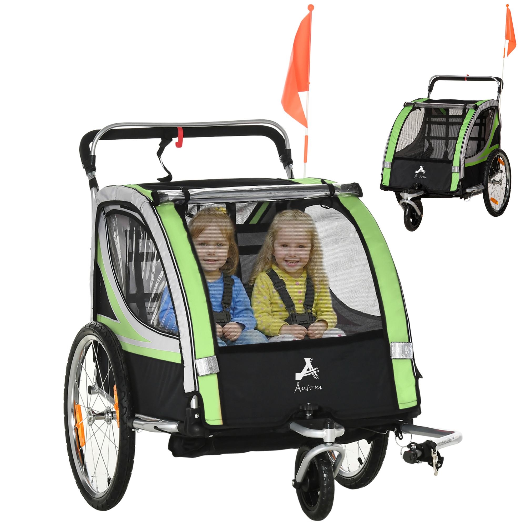 Green Steel Kids Bike Trailer, 2-in-1 Stroller