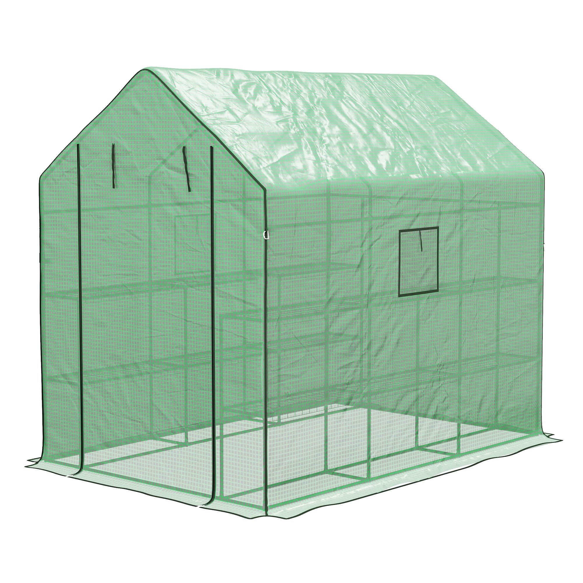 Green 3 Tier Walk-In Greenhouse with Roll-Up Door, 140 x 213 cm