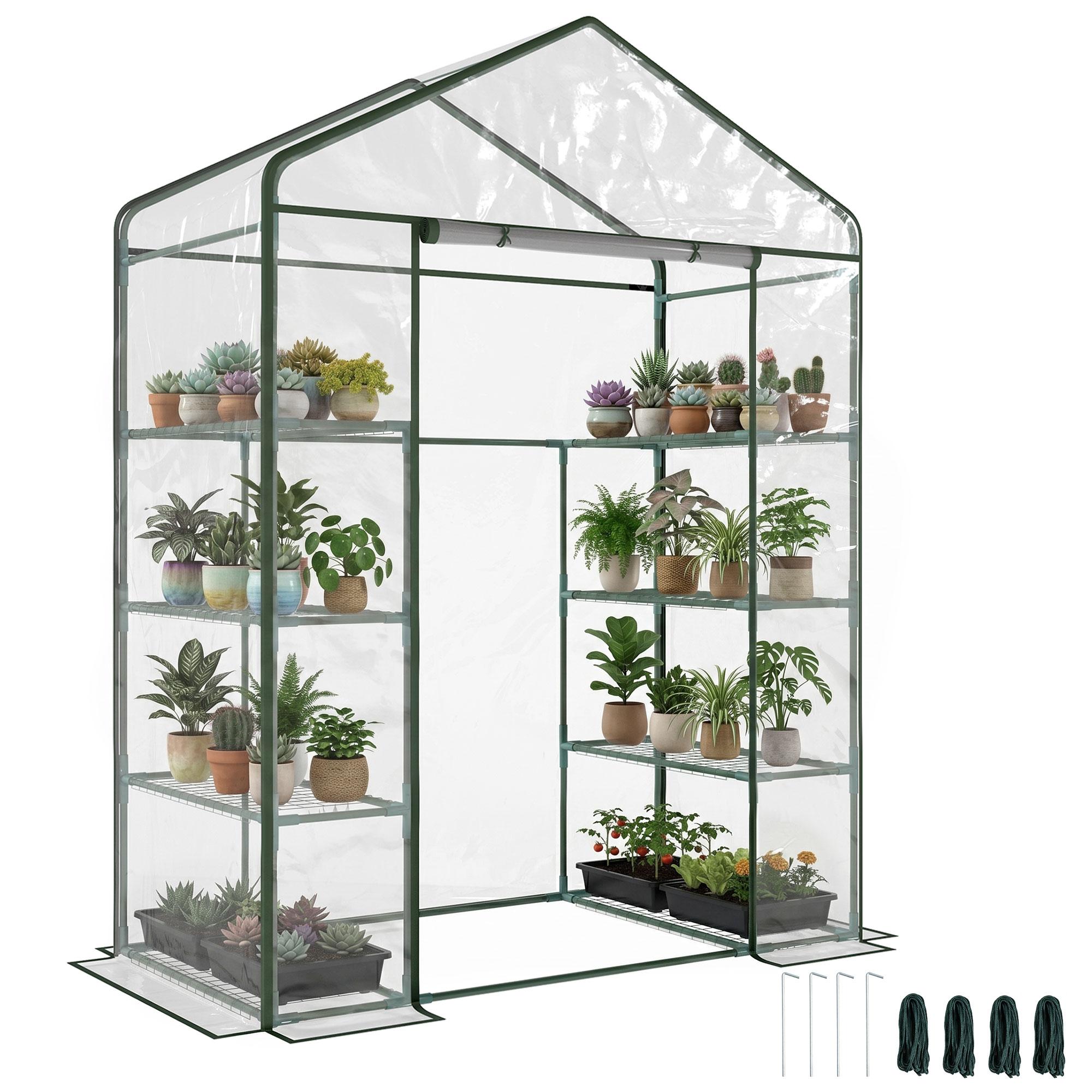 green PVC walk-in greenhouse with 8 wire shelves