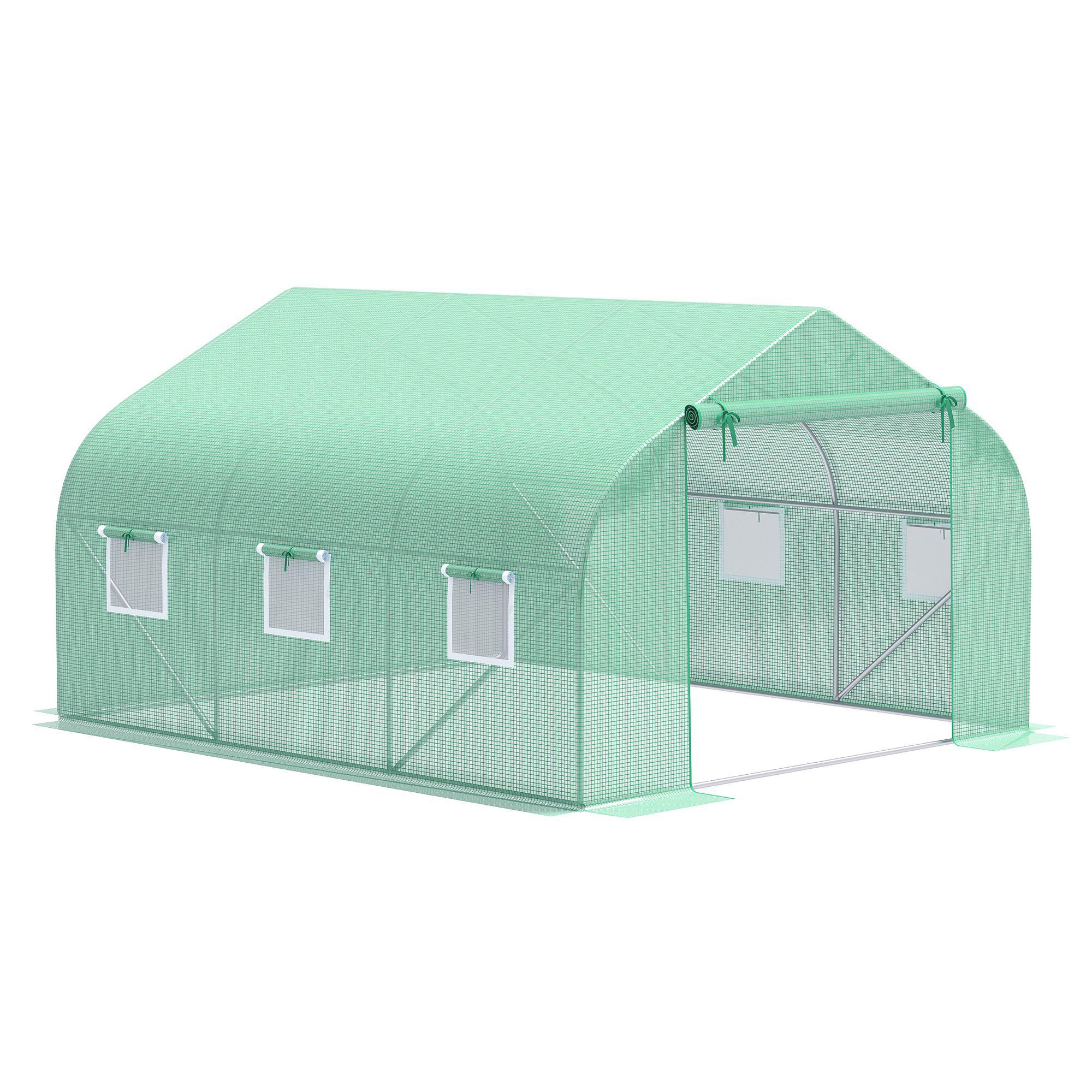 Green Mesh Tunnel Greenhouse with Six Roll-Up Windows
