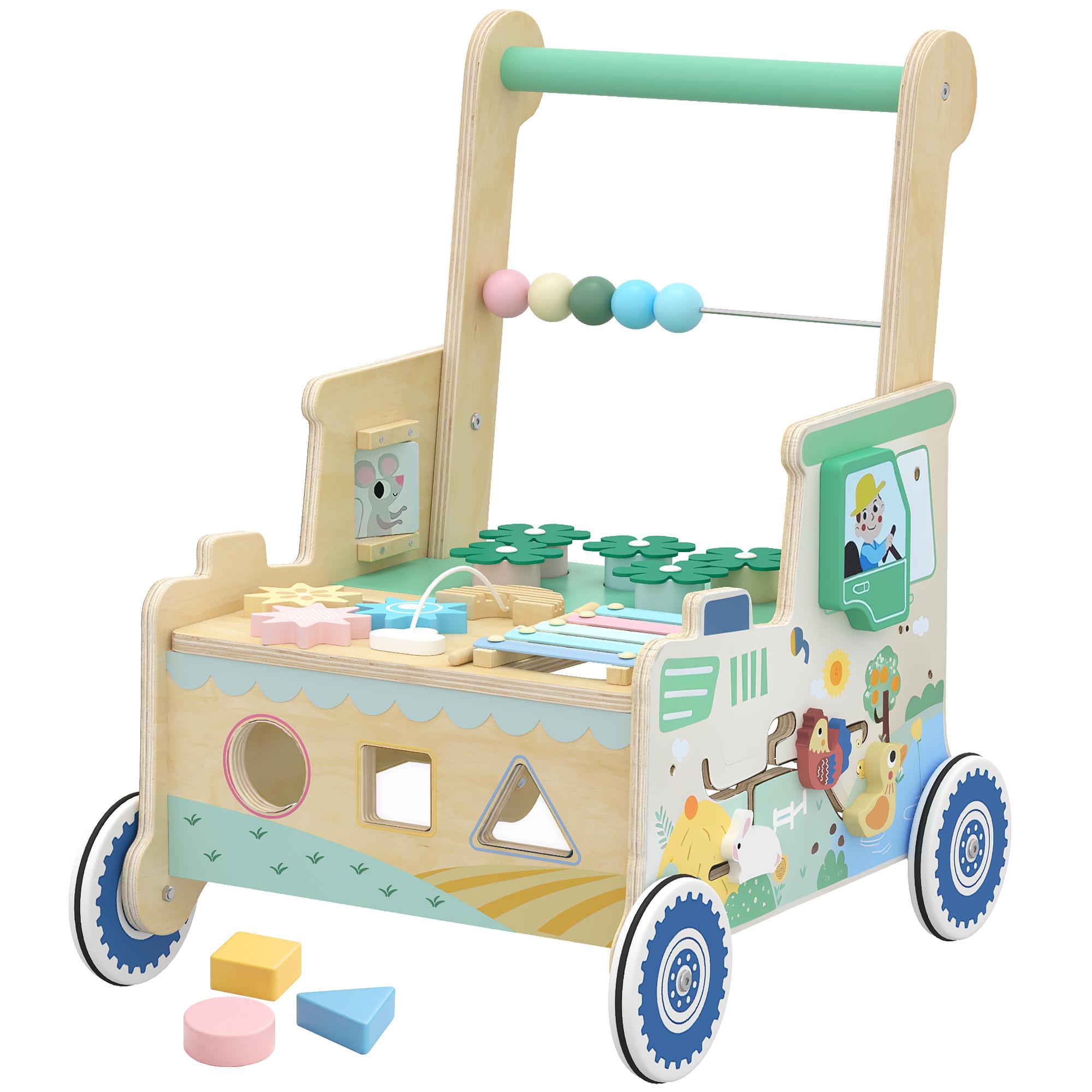Green Wooden Baby Walker with Activity Centre for Toddlers 1-3