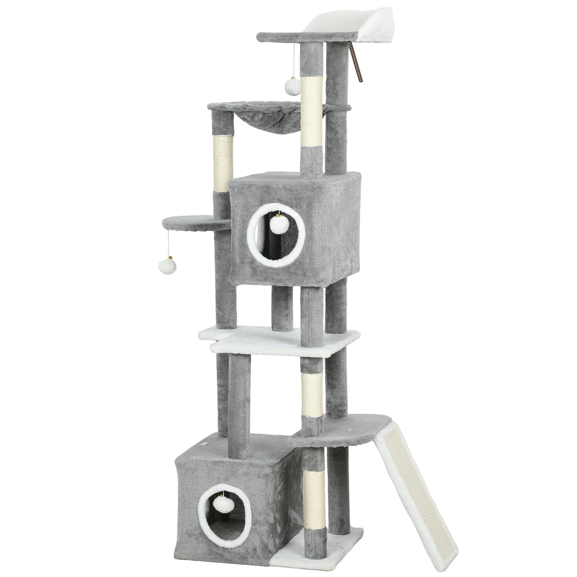 65 Inch Grey Cat Condo with Multi-Level Play Space