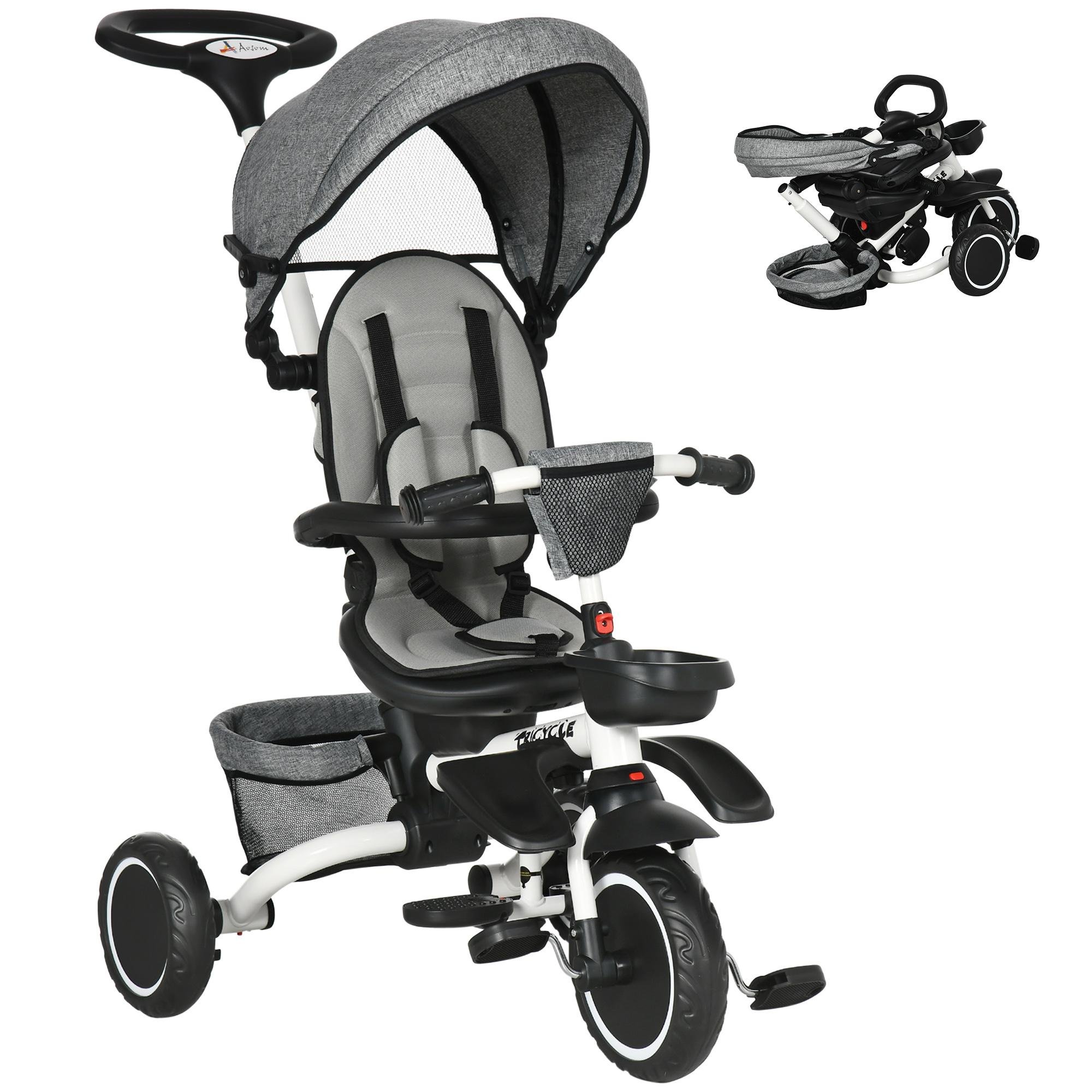 Grey 6-in-1 Toddler Tricycle with Parent Push Handle