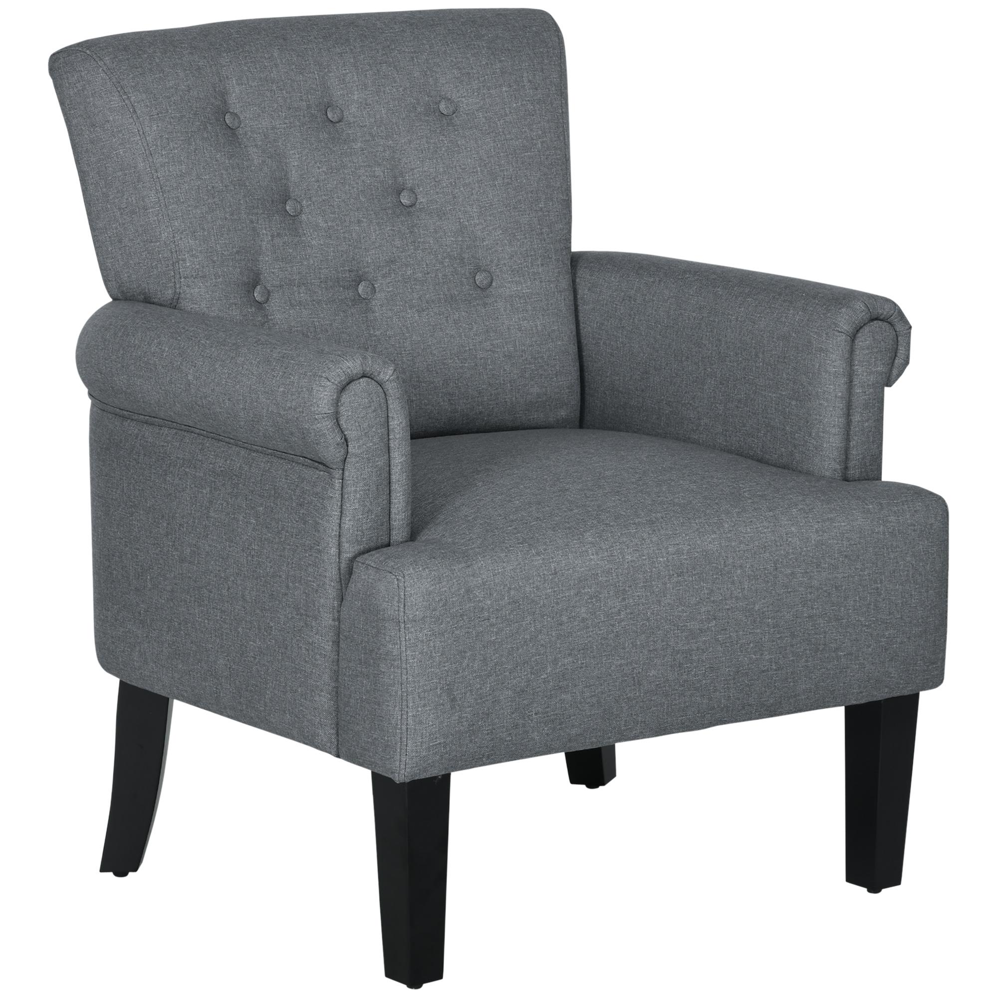 Grey Tufted Linen-Feel Chair with Rolled Arms