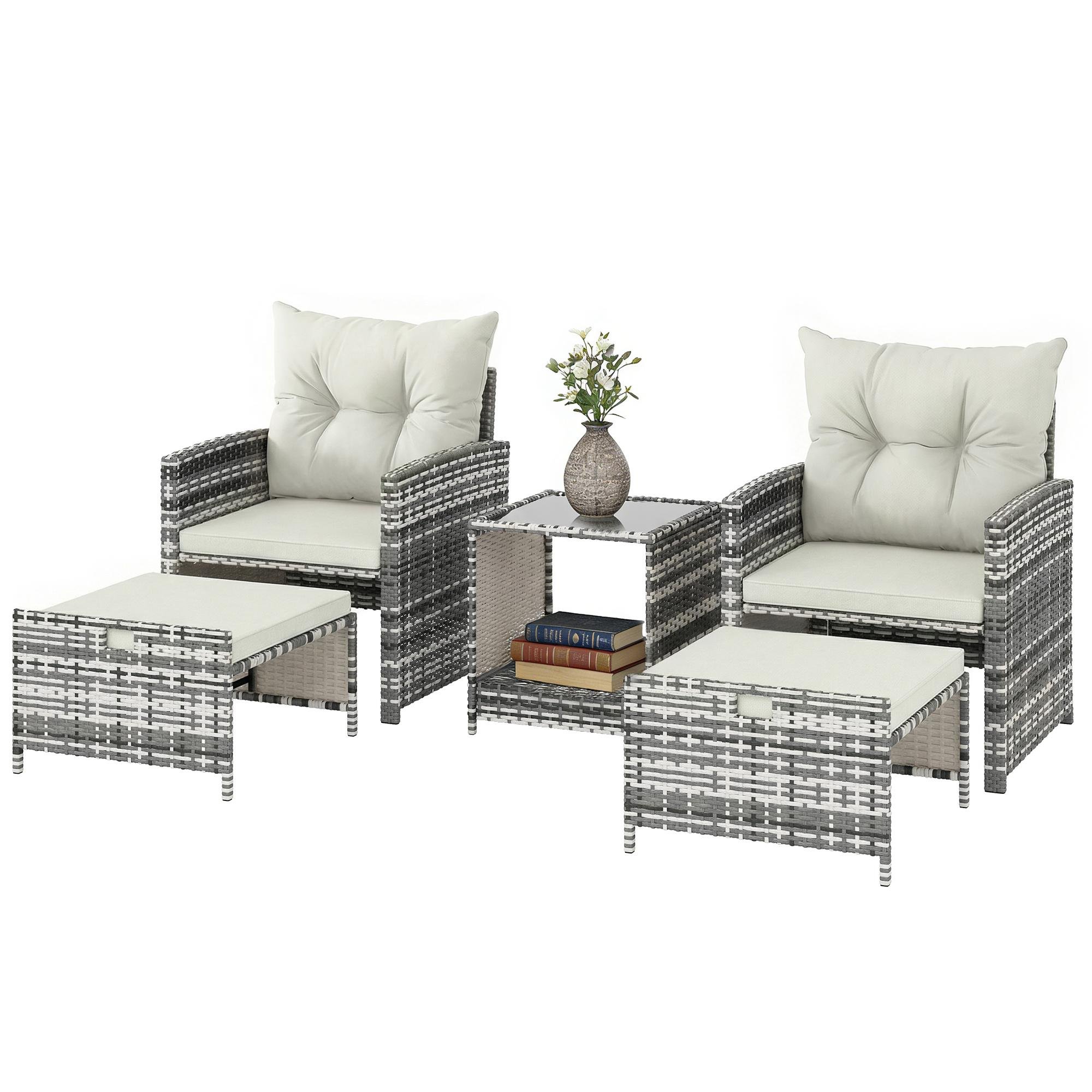 Grey Cream Wicker Patio Set with Space-Saving Ottomans, 5-Piece