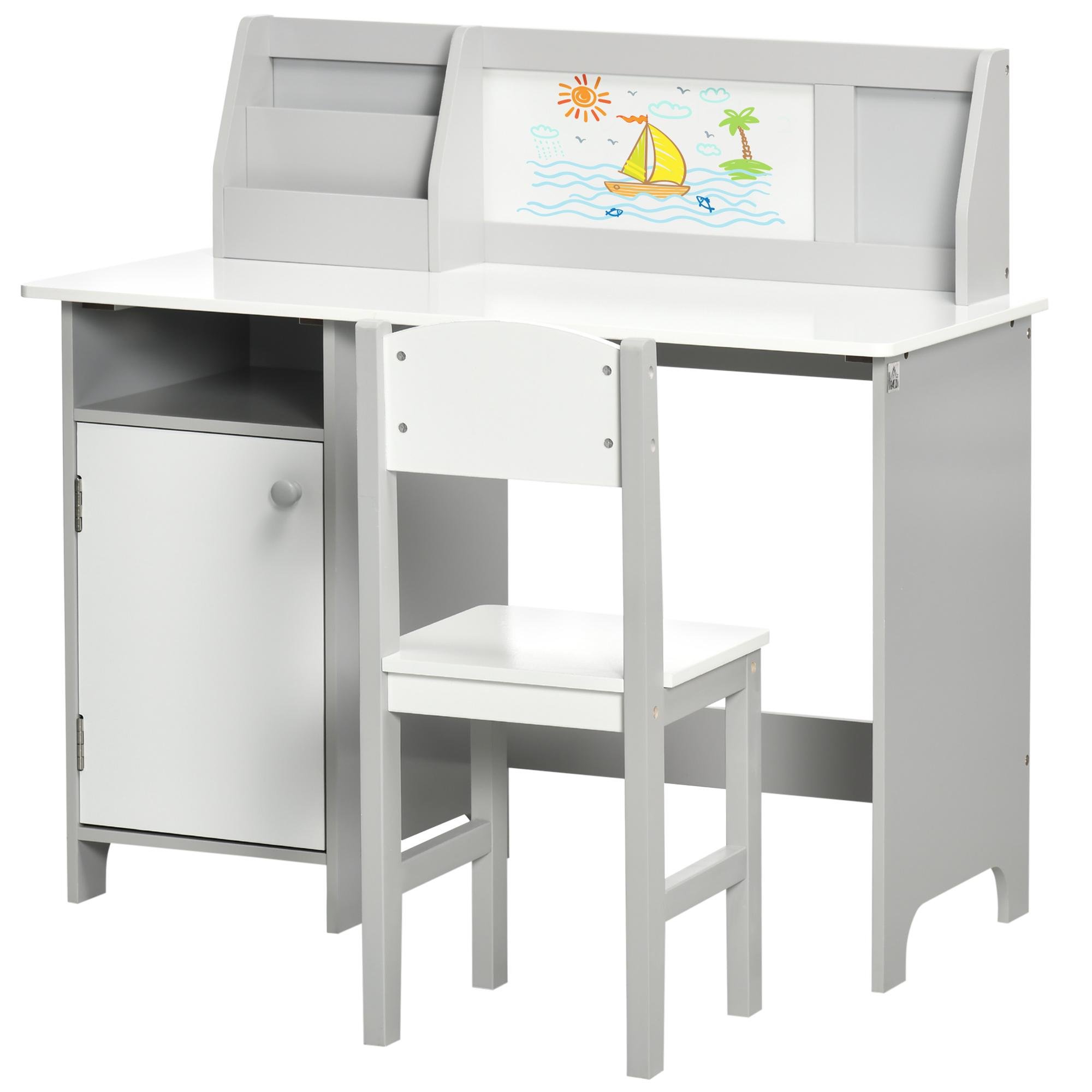 Grey Whiteboard Kids Desk Set with Storage for Ages 5-8