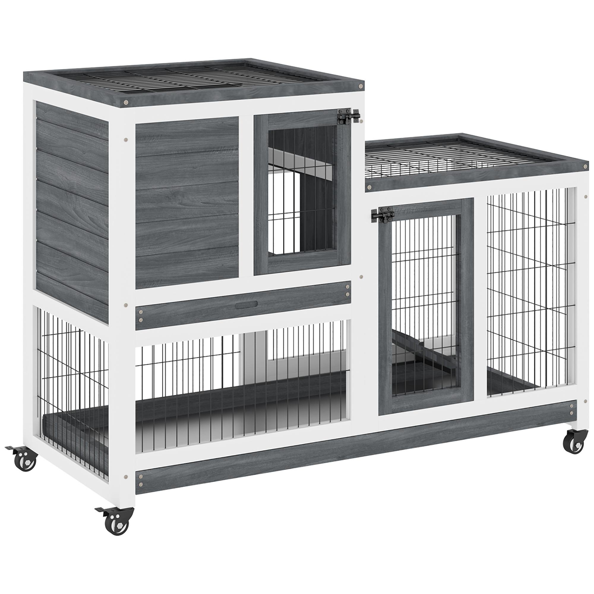 Grey Fir Rabbit Hutch Wheels, Two-Tier Indoor Run