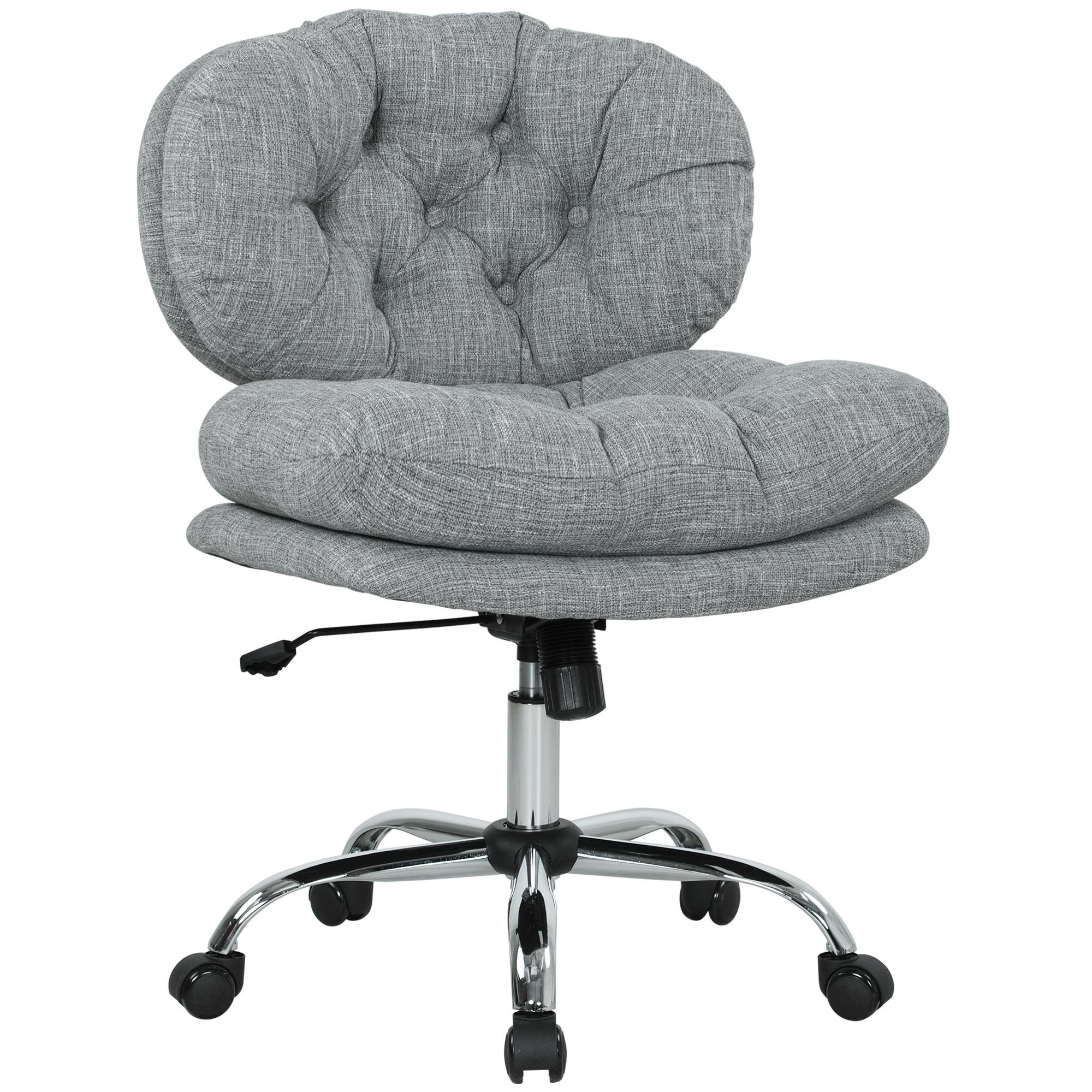 Grey Tufted Linen Task Chair with Wide Padded Seat