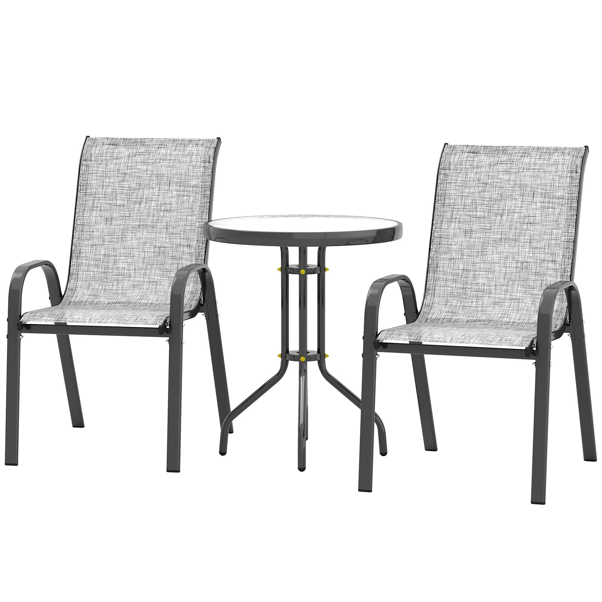 Grey Mesh Glass Bistro Set with Stackable Chairs