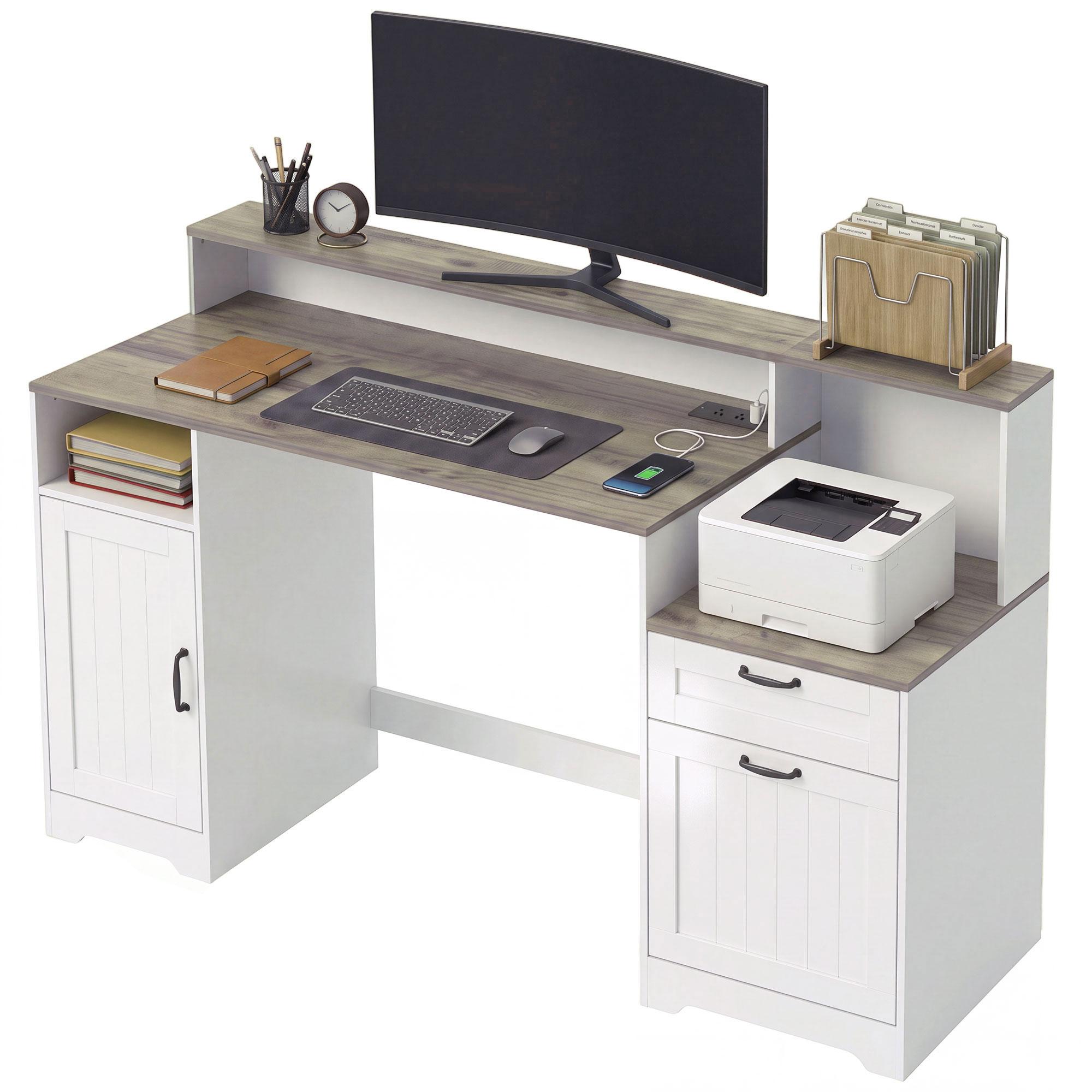 Grey Brown Farmhouse Office Desk with Power Hub, 65 in