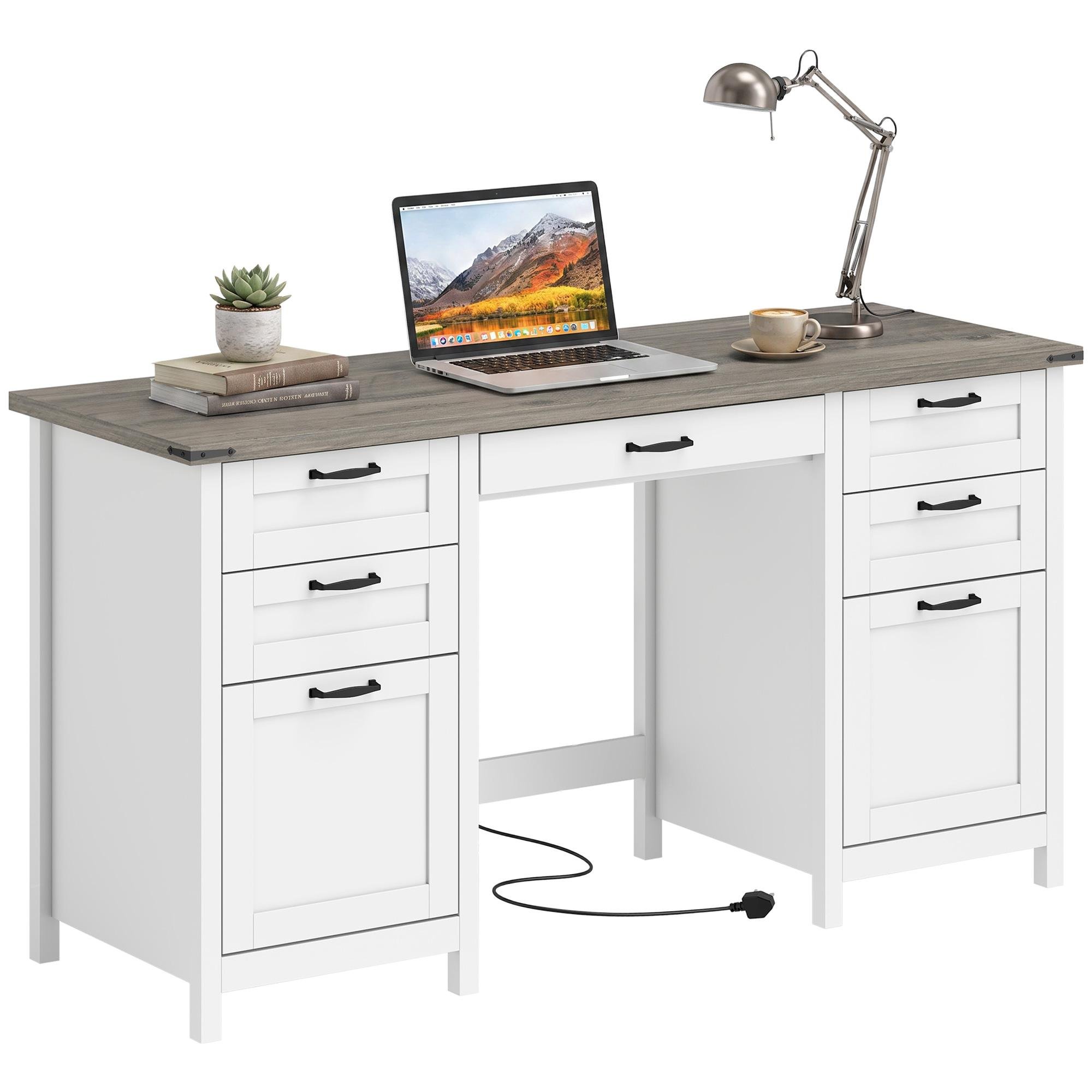 Grey Brown Seven Drawer Desk with Charging Station, 57.1 in