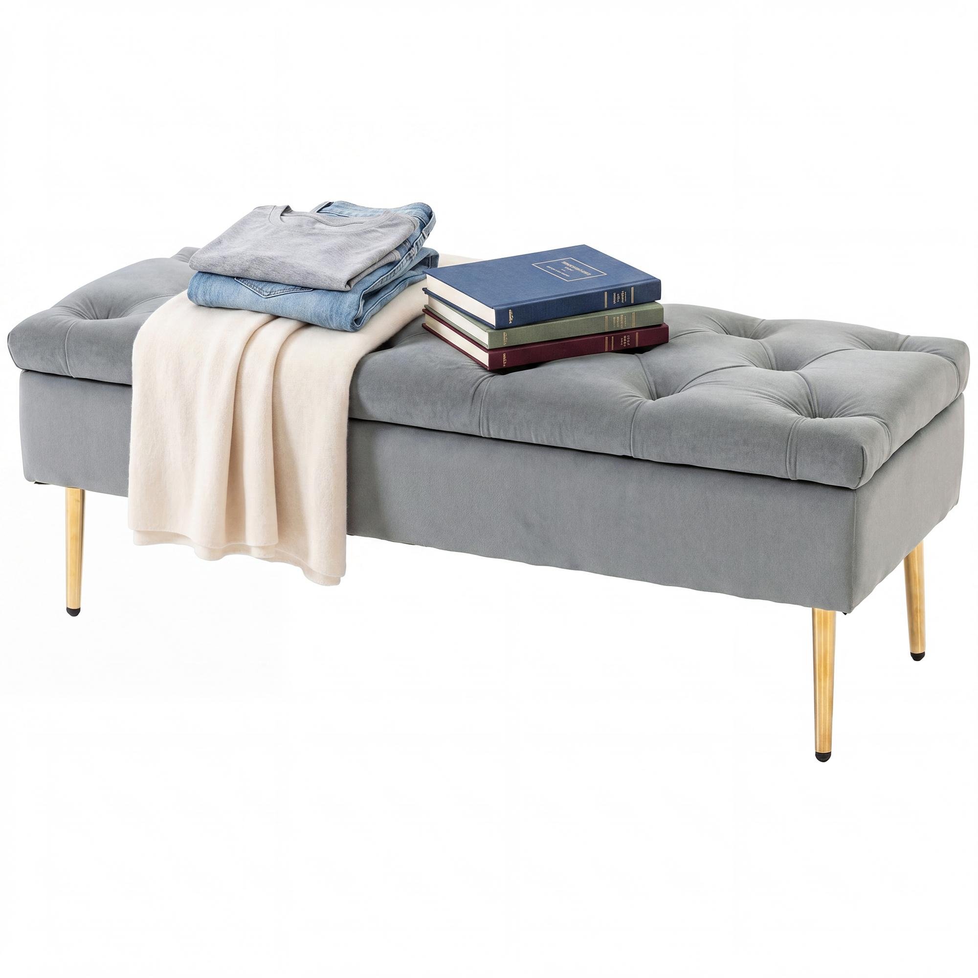 Grey Velvet Storage Ottoman with Gold-Tone Legs, 45.7 in