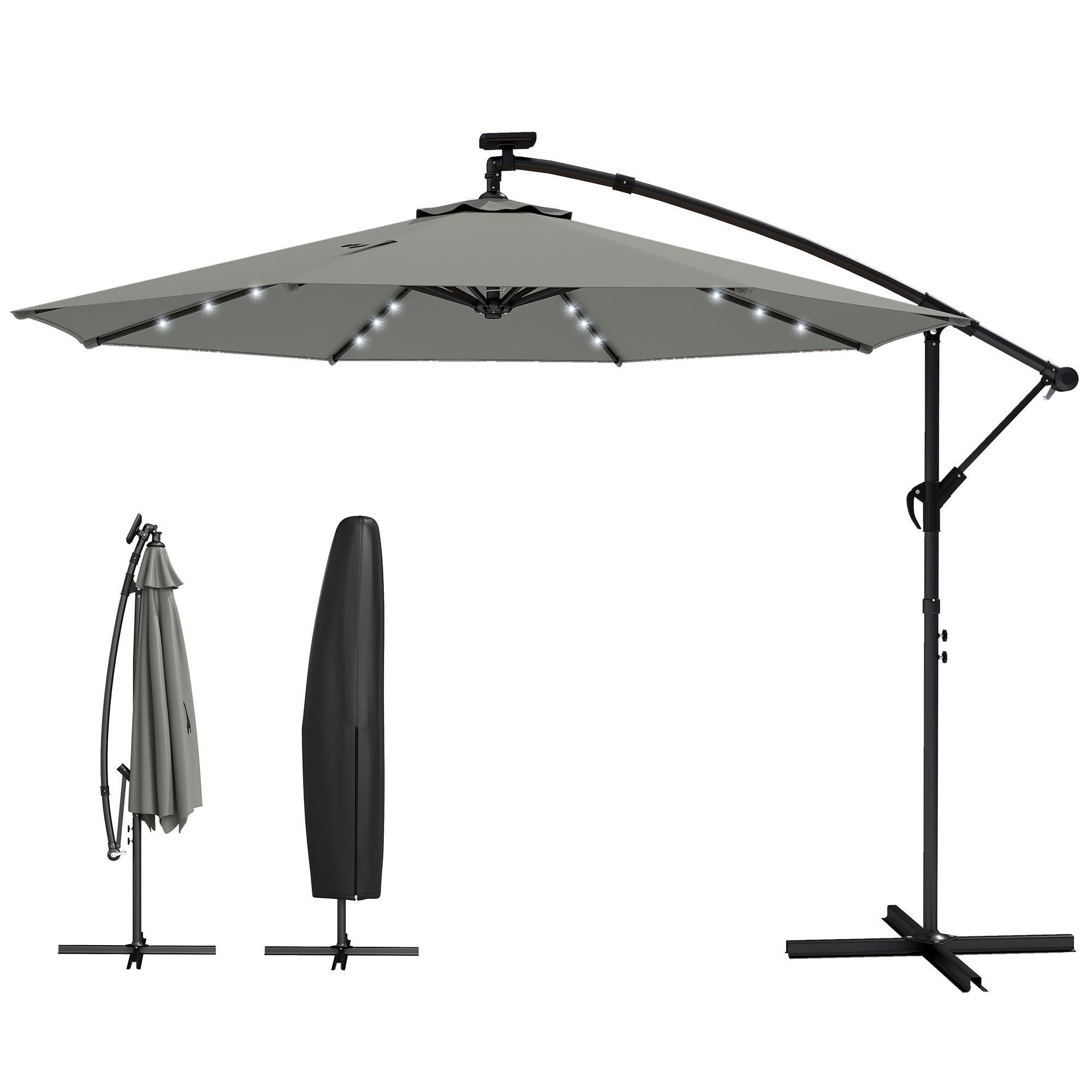 Grey Solar Cantilever Umbrella with LED Lights, 9.7 ft