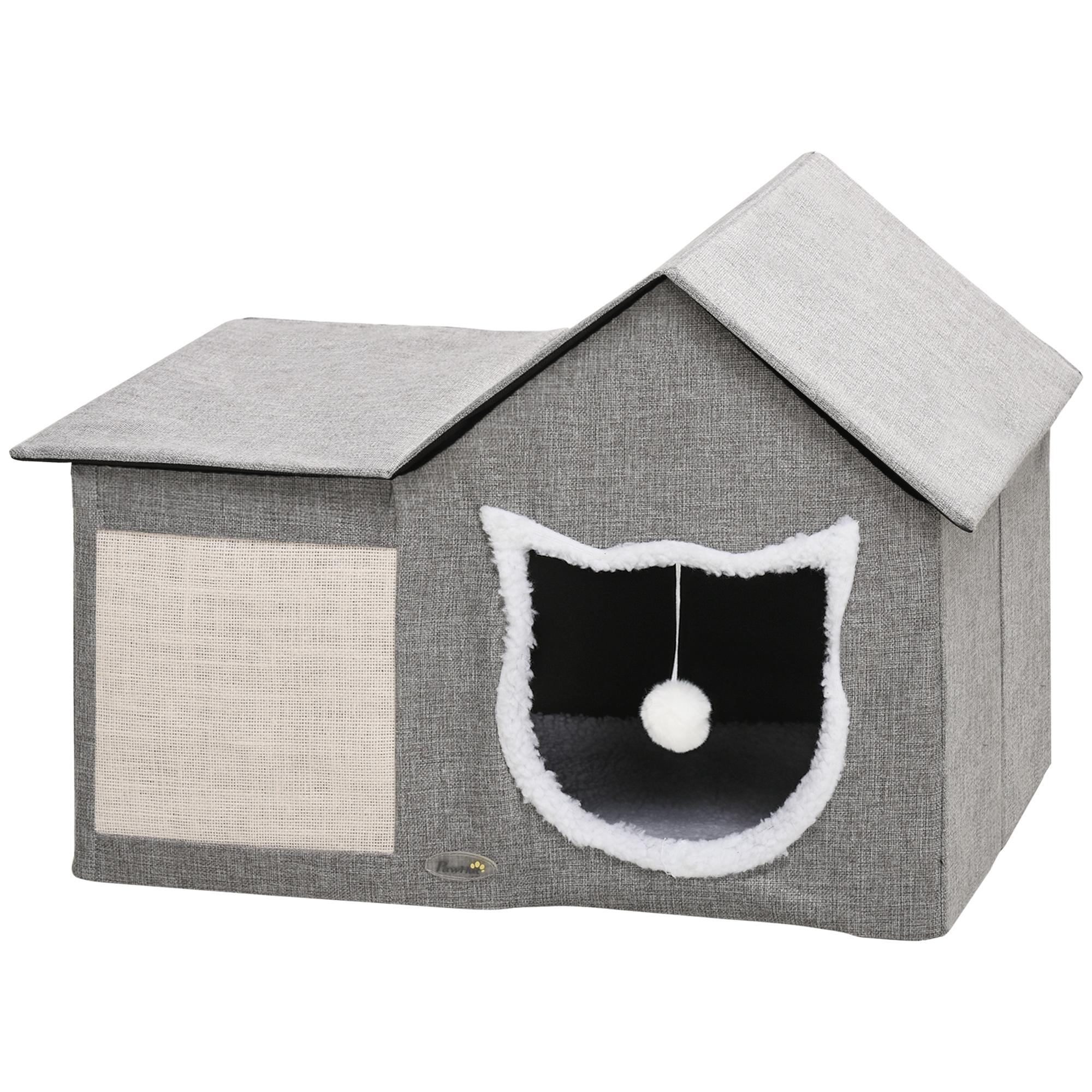 Grey Dual Entrance Cat House with Scratching Pad