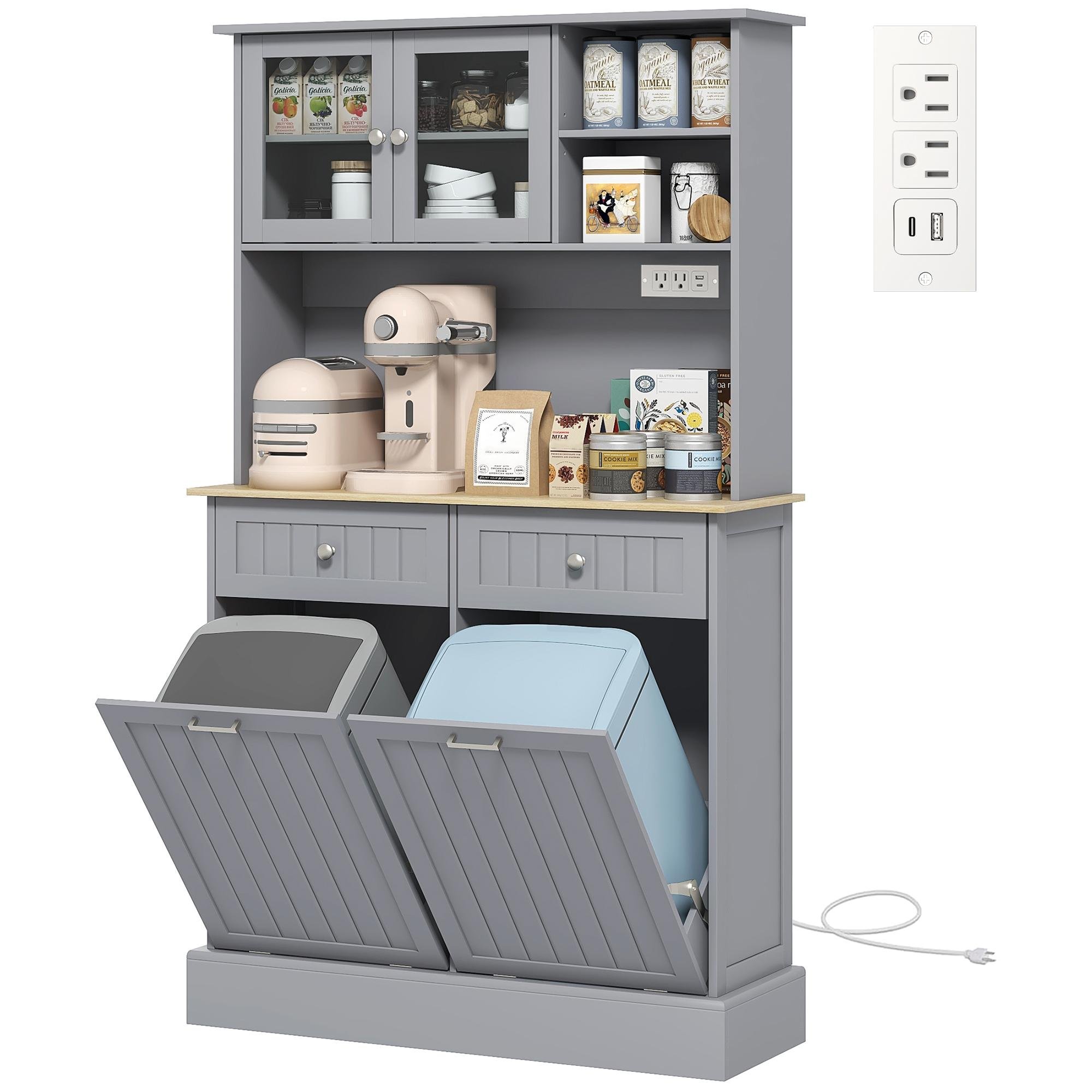 Grey Charging Pantry Cabinet with Dual Tilt-Out Storage