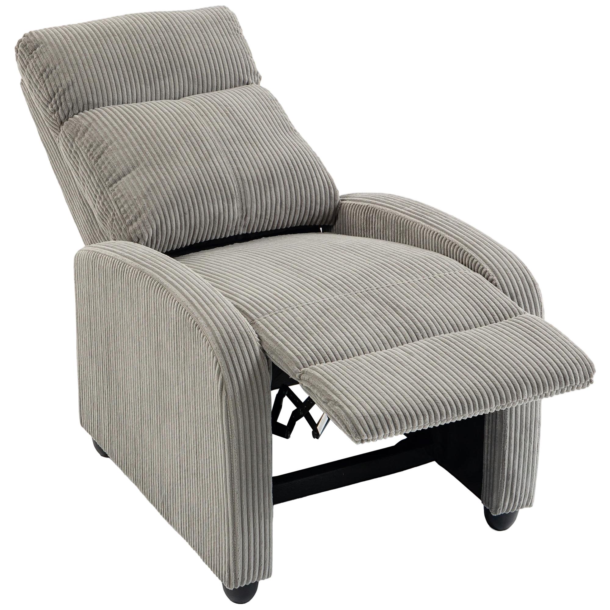 Grey Corduroy Recliner Chair, Manual Push-Back Comfort