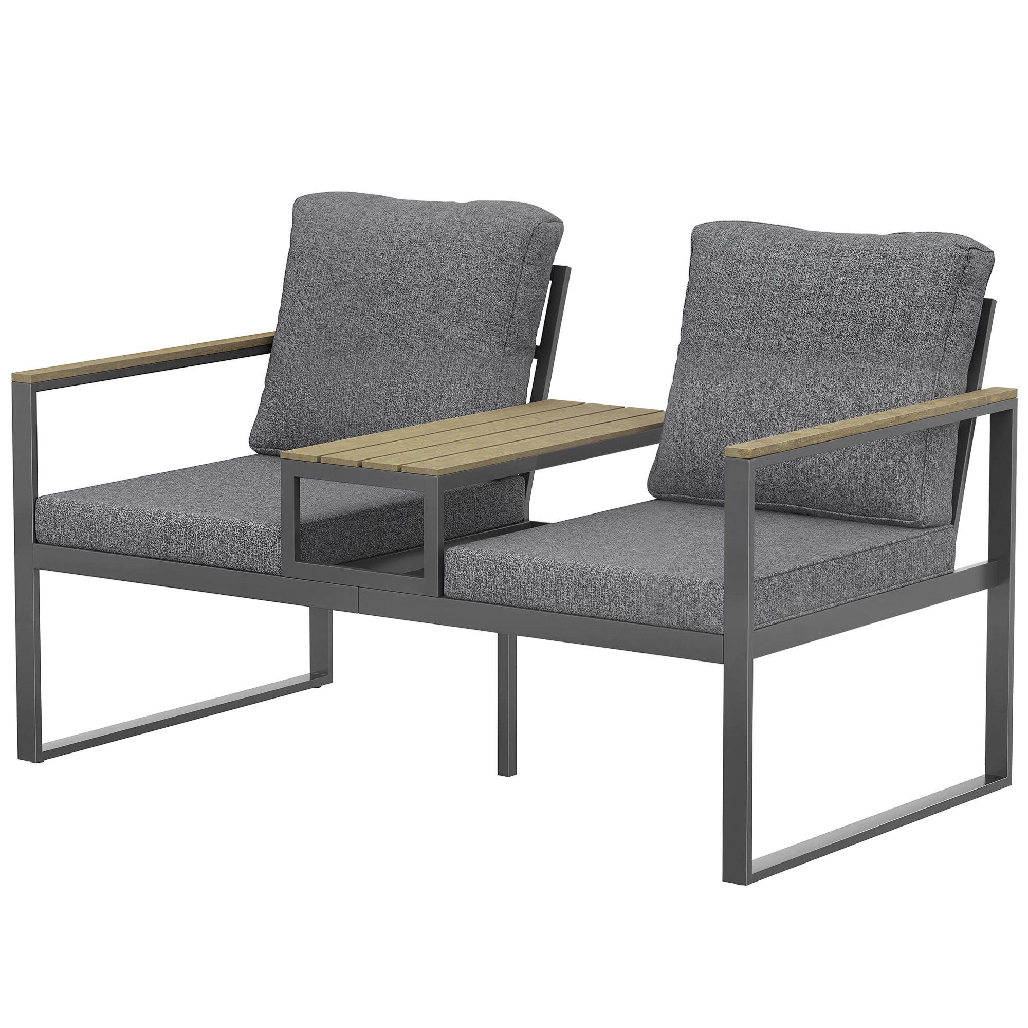 Grey Metal Loveseat Bench with Integrated Centre Table