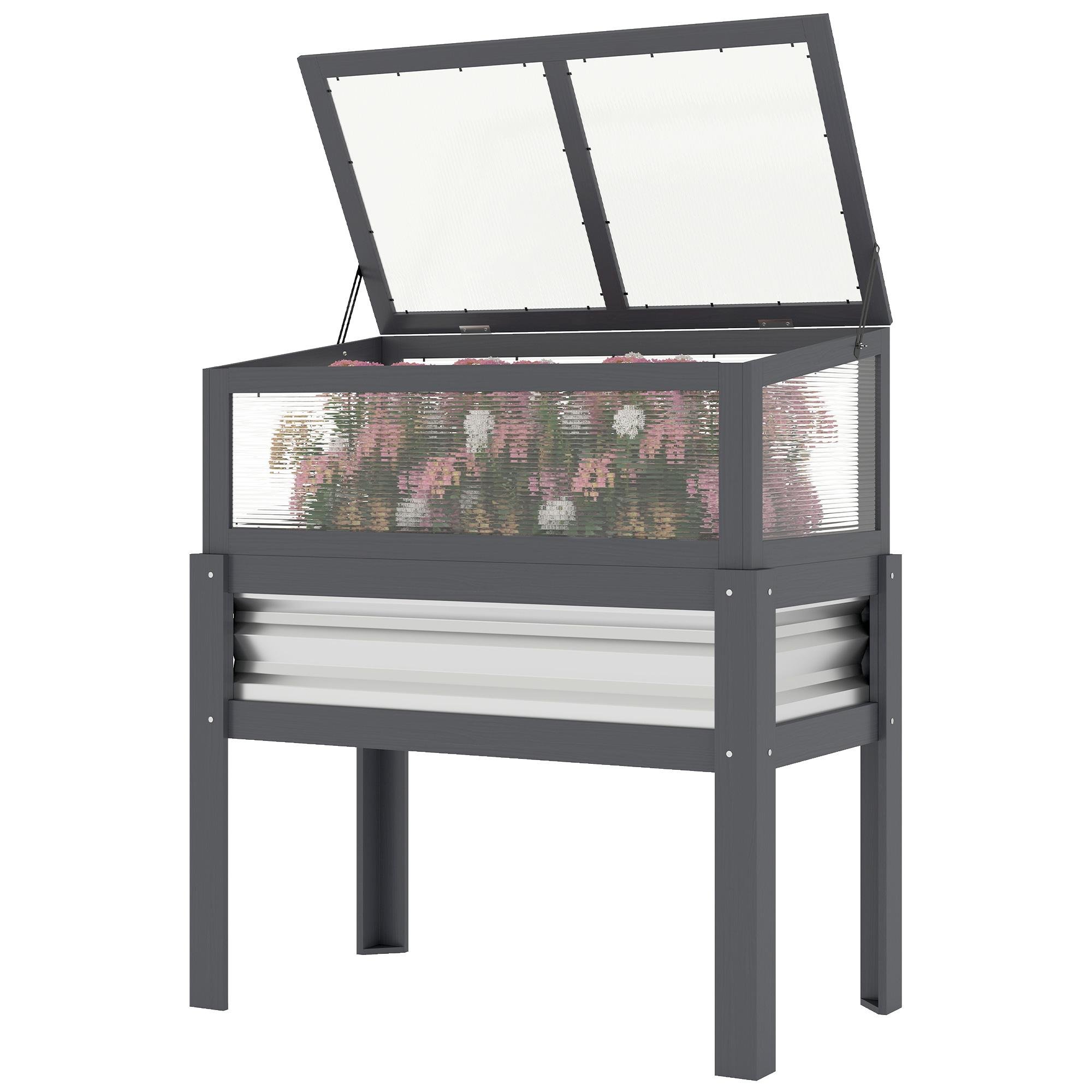 Grey Raised Planter Greenhouse with Flip-Up Lid