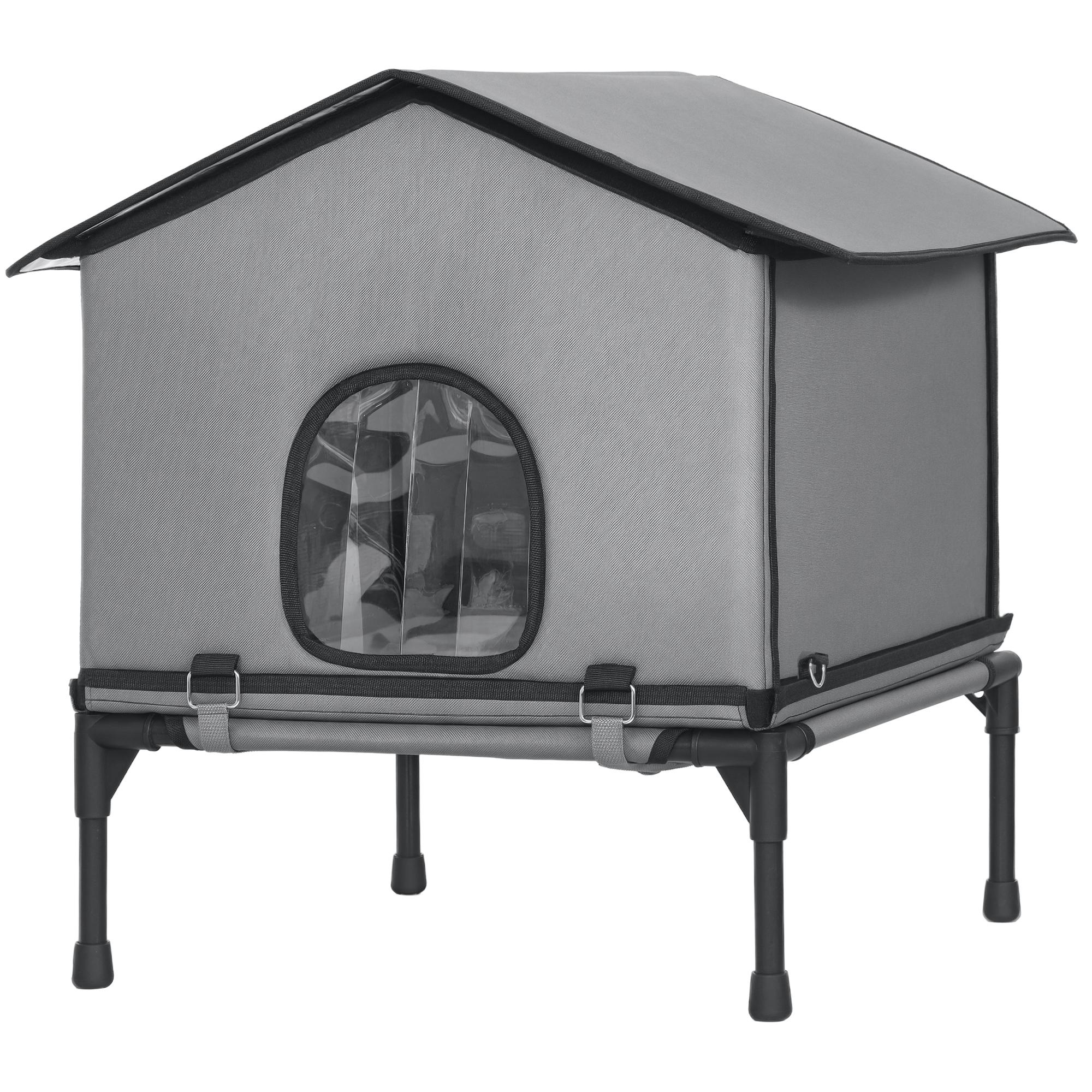 Grey Elevated Outdoor Cat House with 2-in-1 Bed, 62 cm