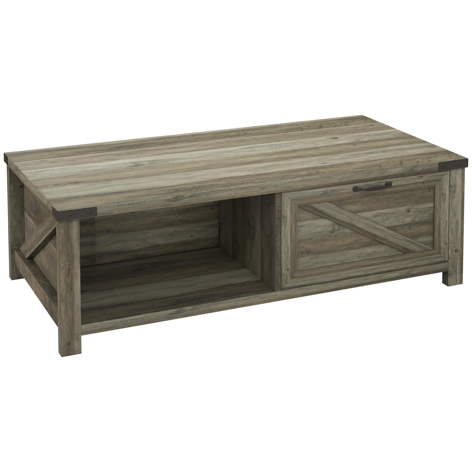Grey Farmhouse Coffee Table with Drawer and Open Shelves