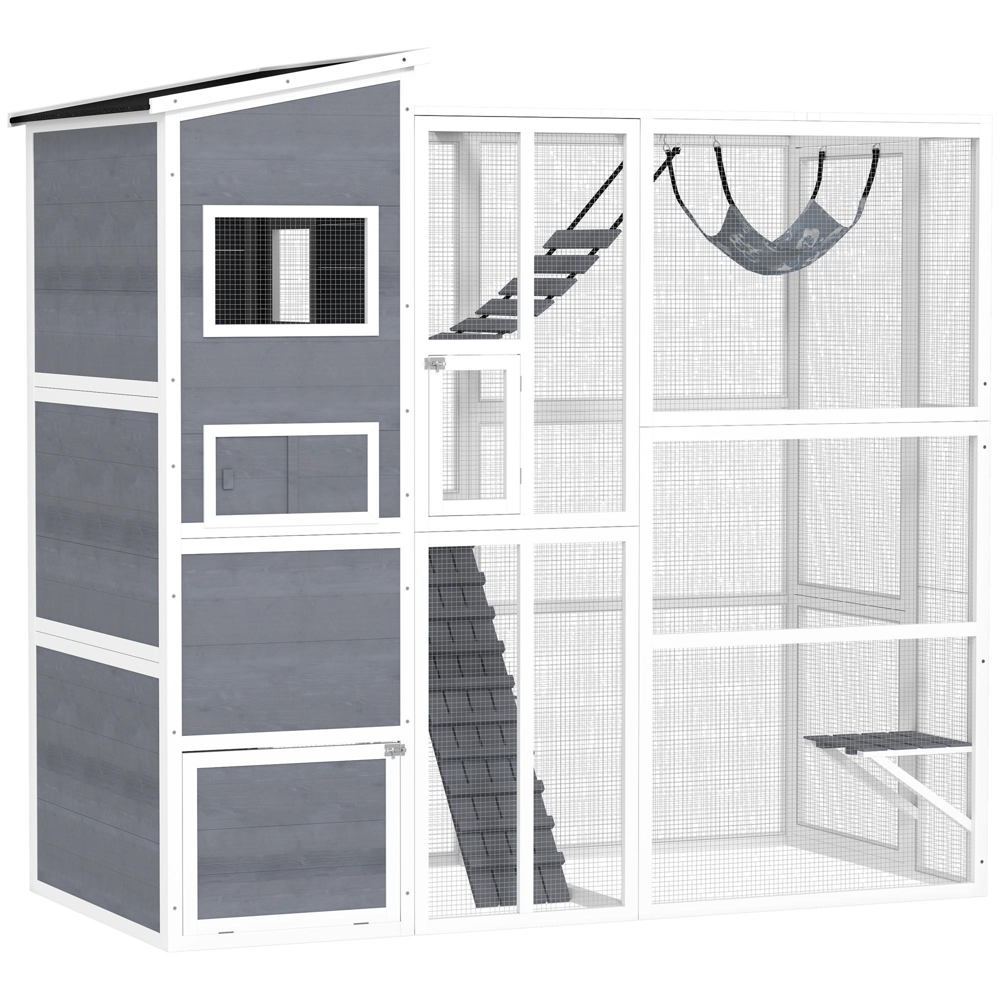 76-inch Grey Fir Catio with Hammock for 2-3 Cats