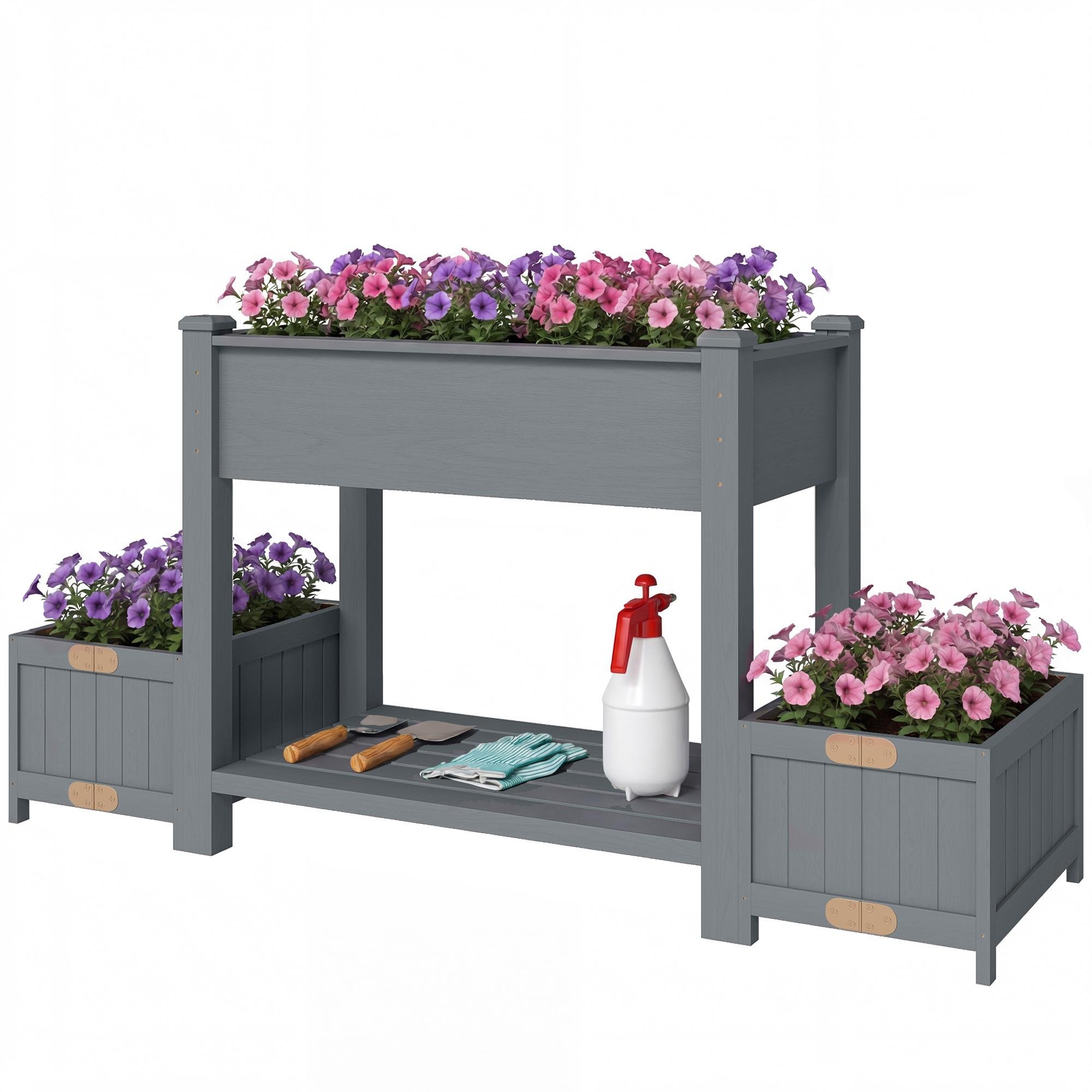 Large Grey Fir Garden Bed with Foldable Side Pots