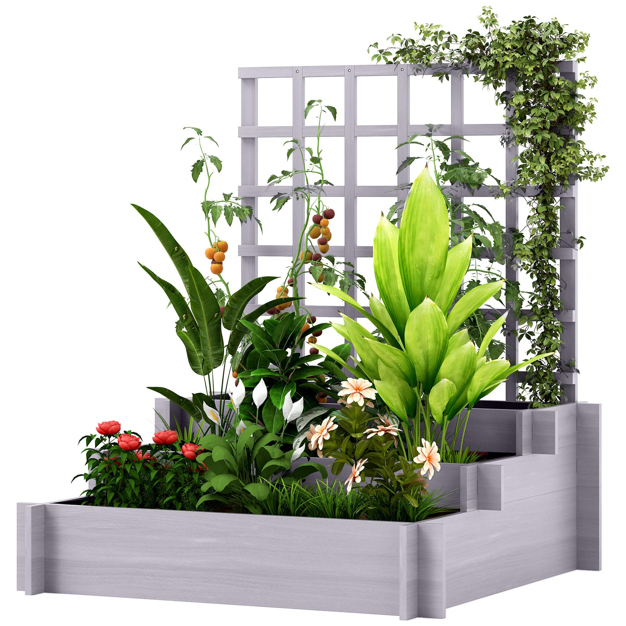 Grey Fir Three Tier Planter with Trellis for Herbs and Flowers