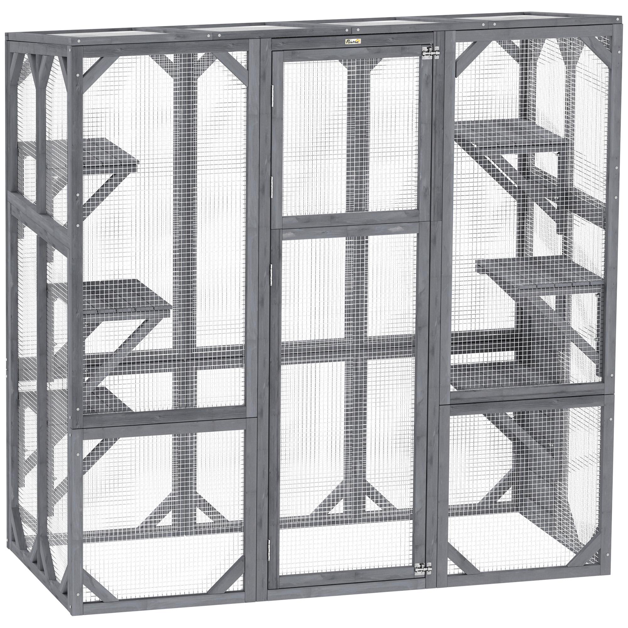 Grey Fir Wood Catio with Six Platforms for 1-3 Cats