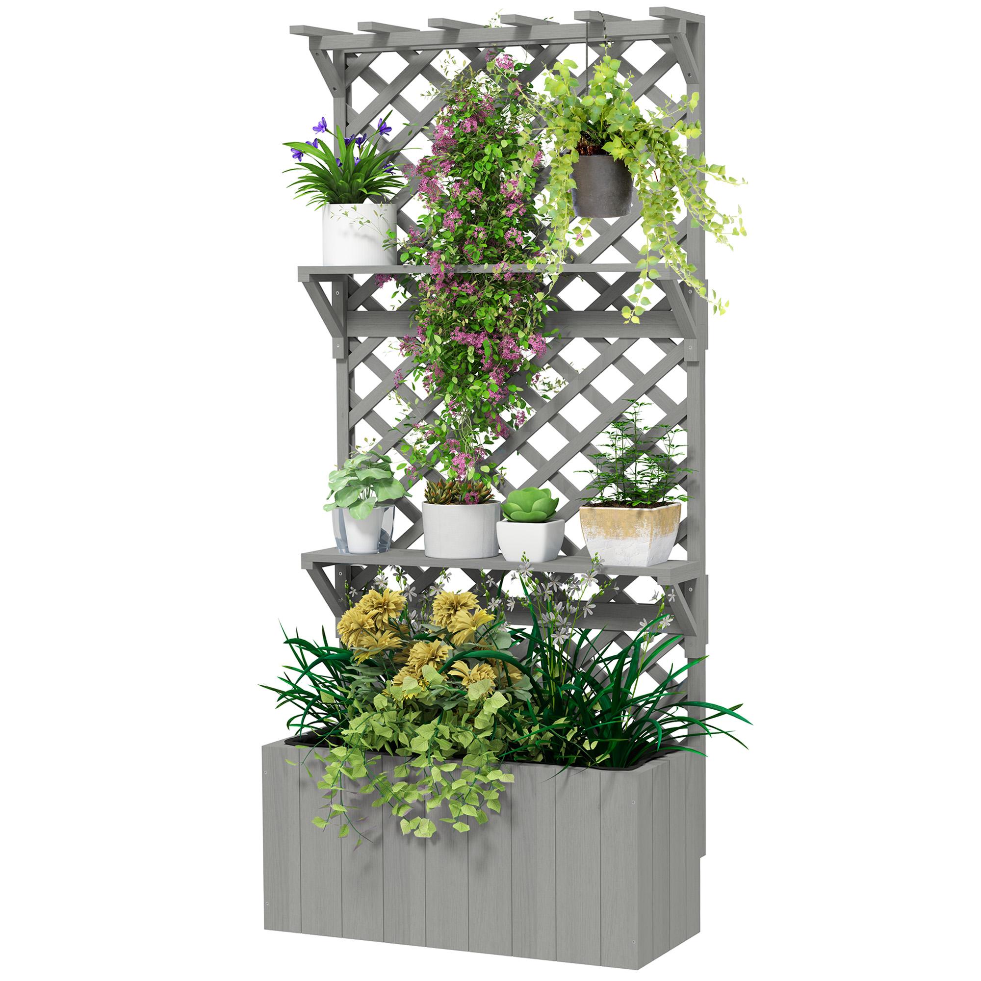 Grey Fir Wood Trellis Planter with Shelves