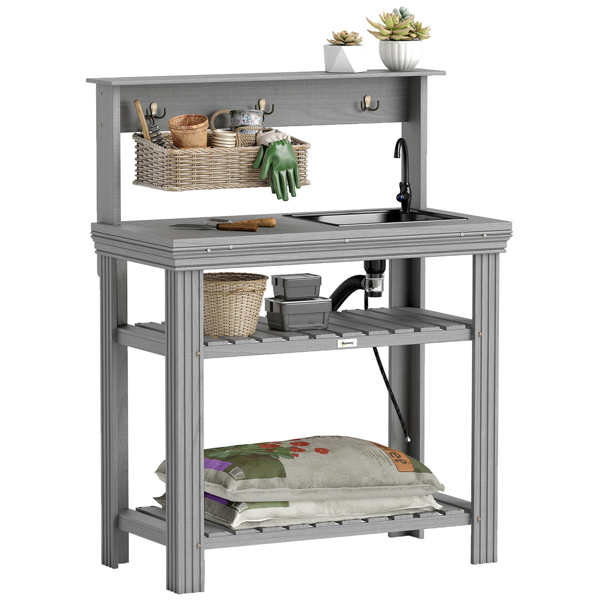 Grey Firwood Potting Bench with Sink and Storage