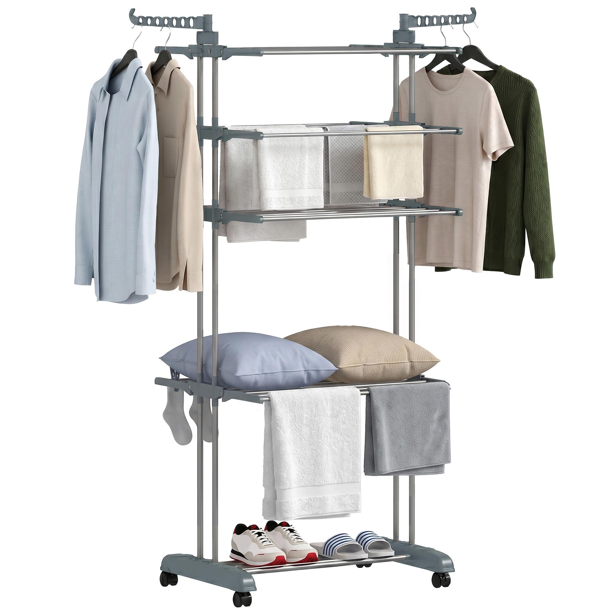 Grey 5 Tier Drying Rack with Wheels and Side Wings
