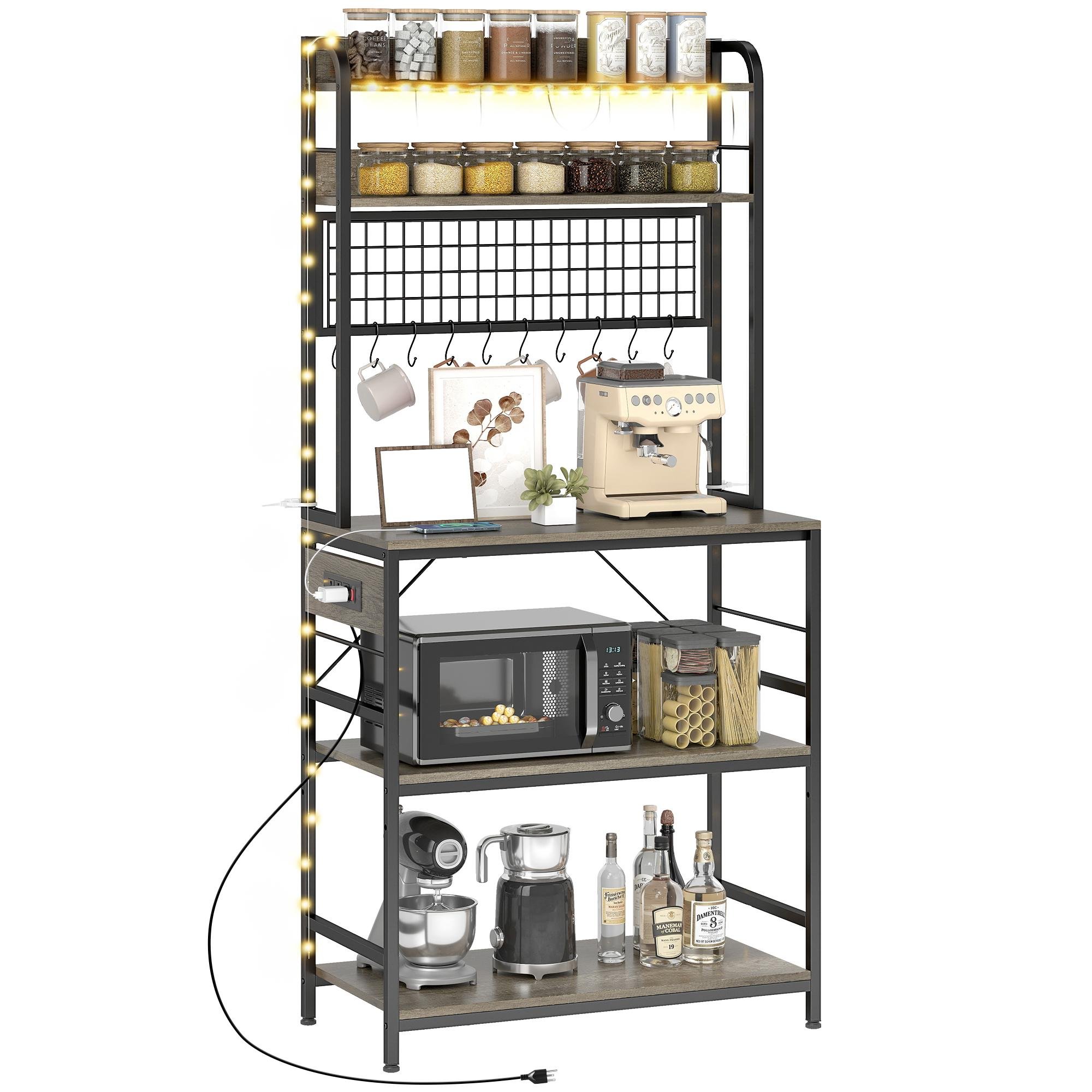 Grey Kitchen Coffee Bar with Power Outlet, 5-Tier Storage